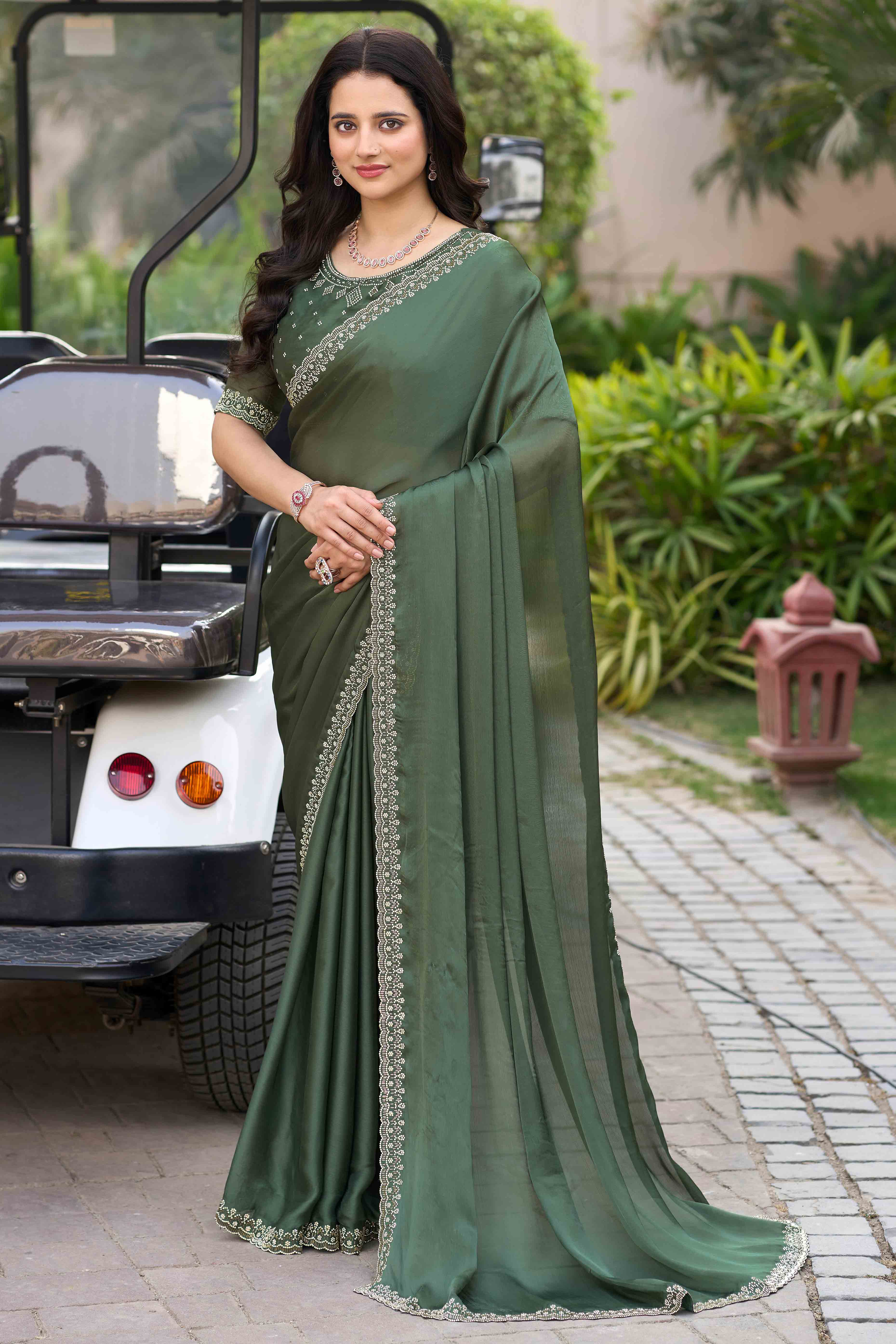 Green Solid Satin Chiffon Saree With Cutdana & Zarkan Handwork