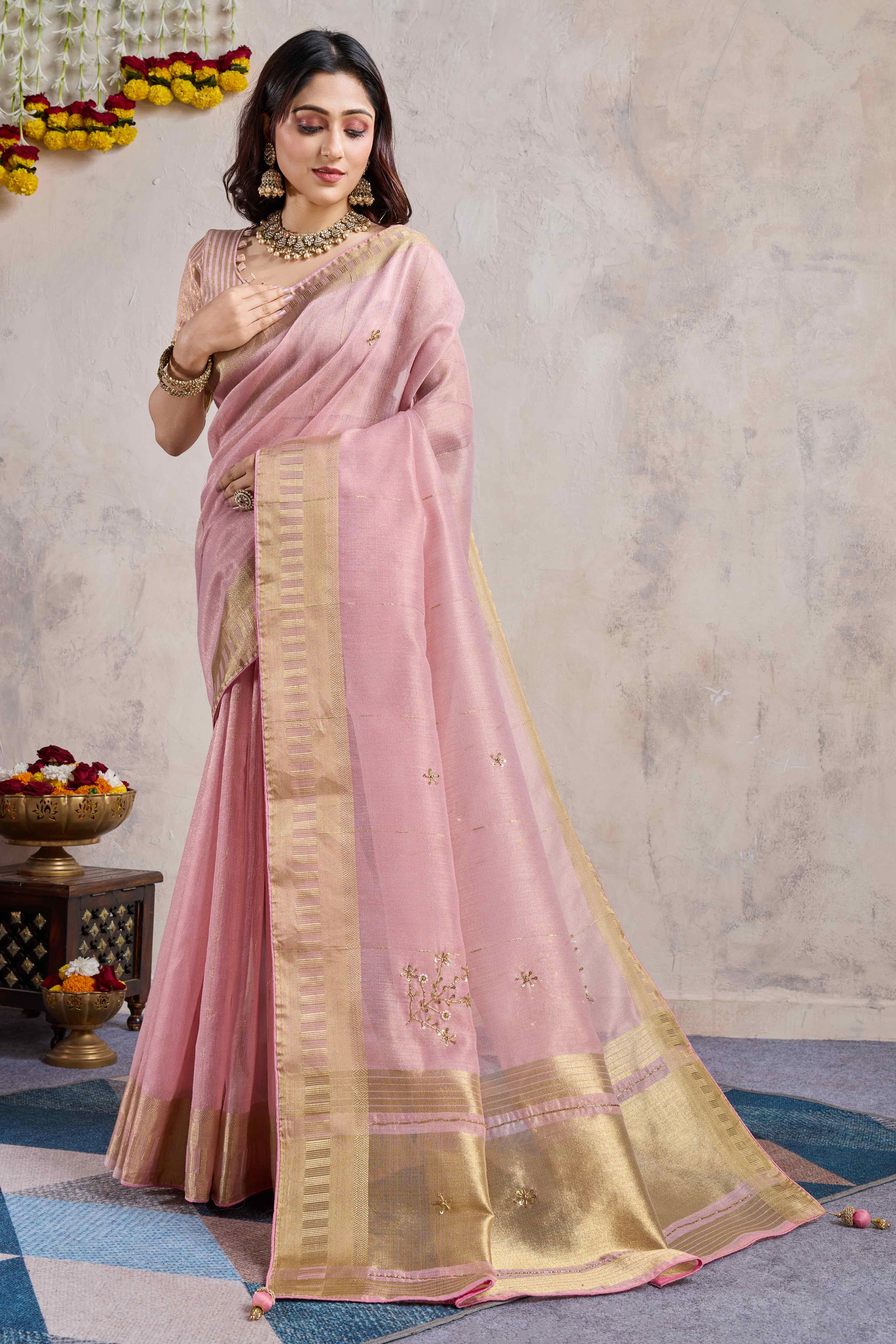Pink Beads Work Woven Linen Slub Saree
