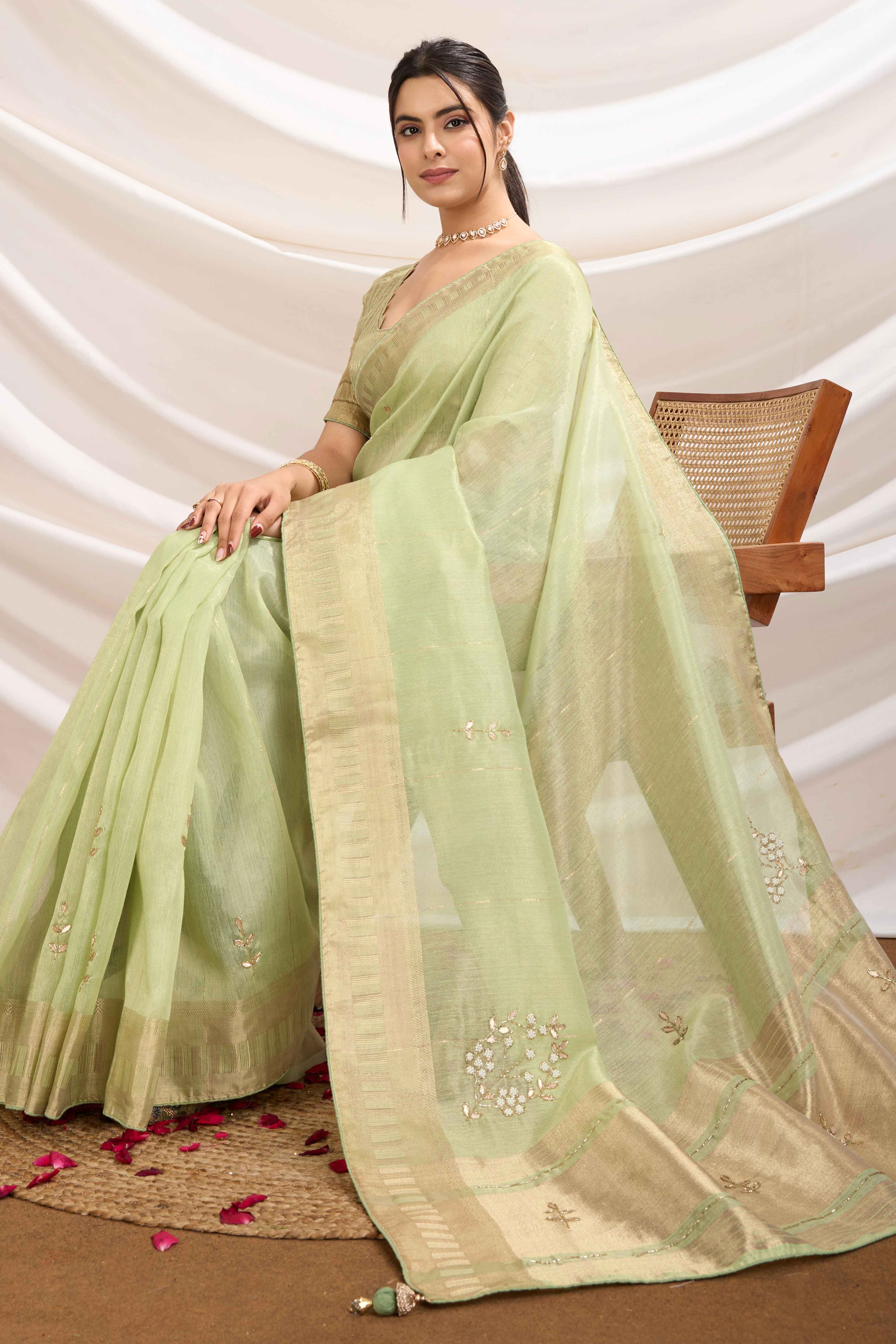 Green Linen Tissue Saree With Hand-Stitched Moti & Cutdana Work