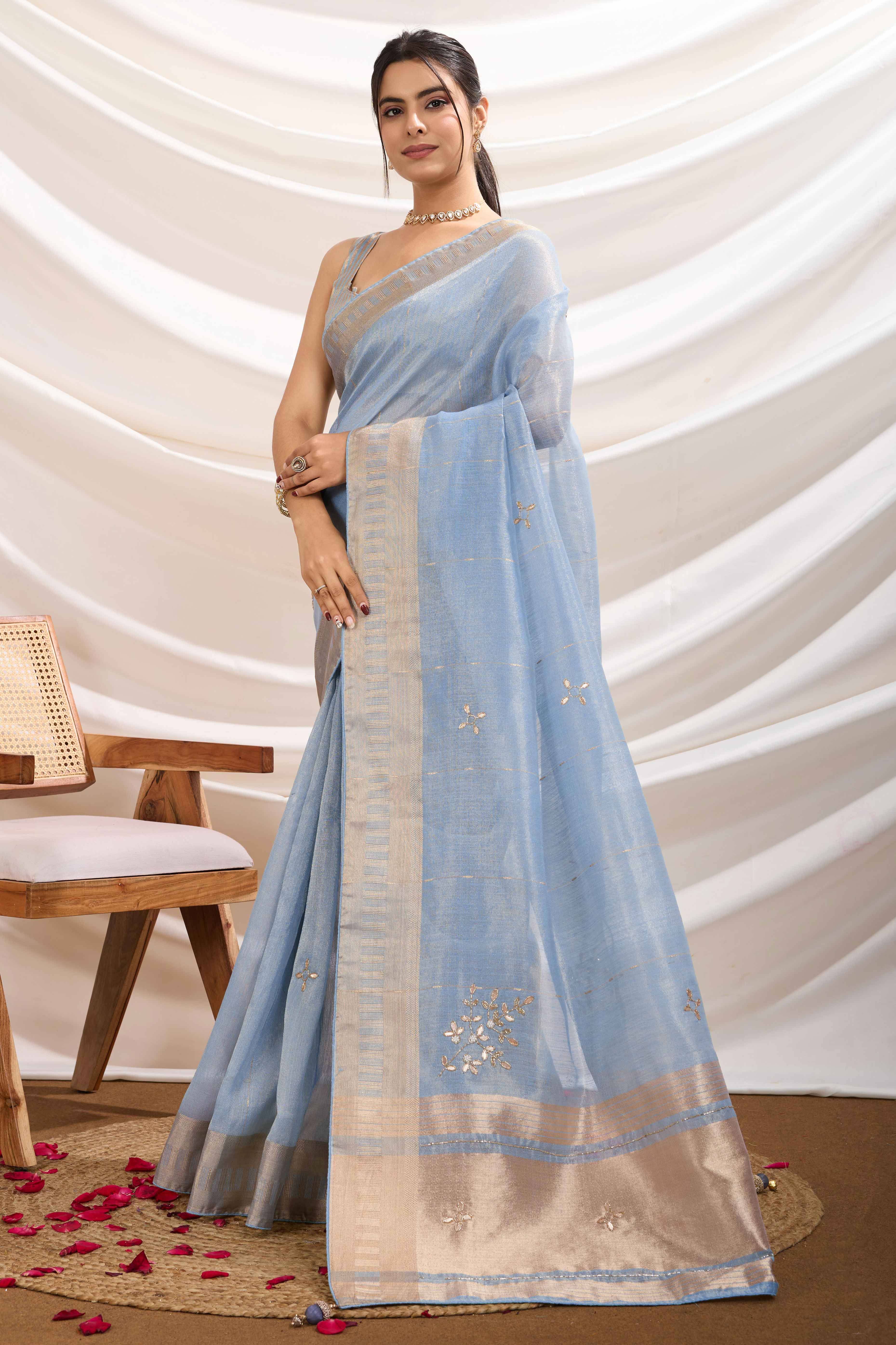 Bluyish Grey Linen Tissue Saree With Hand-Stitched Moti & Cutdana Work