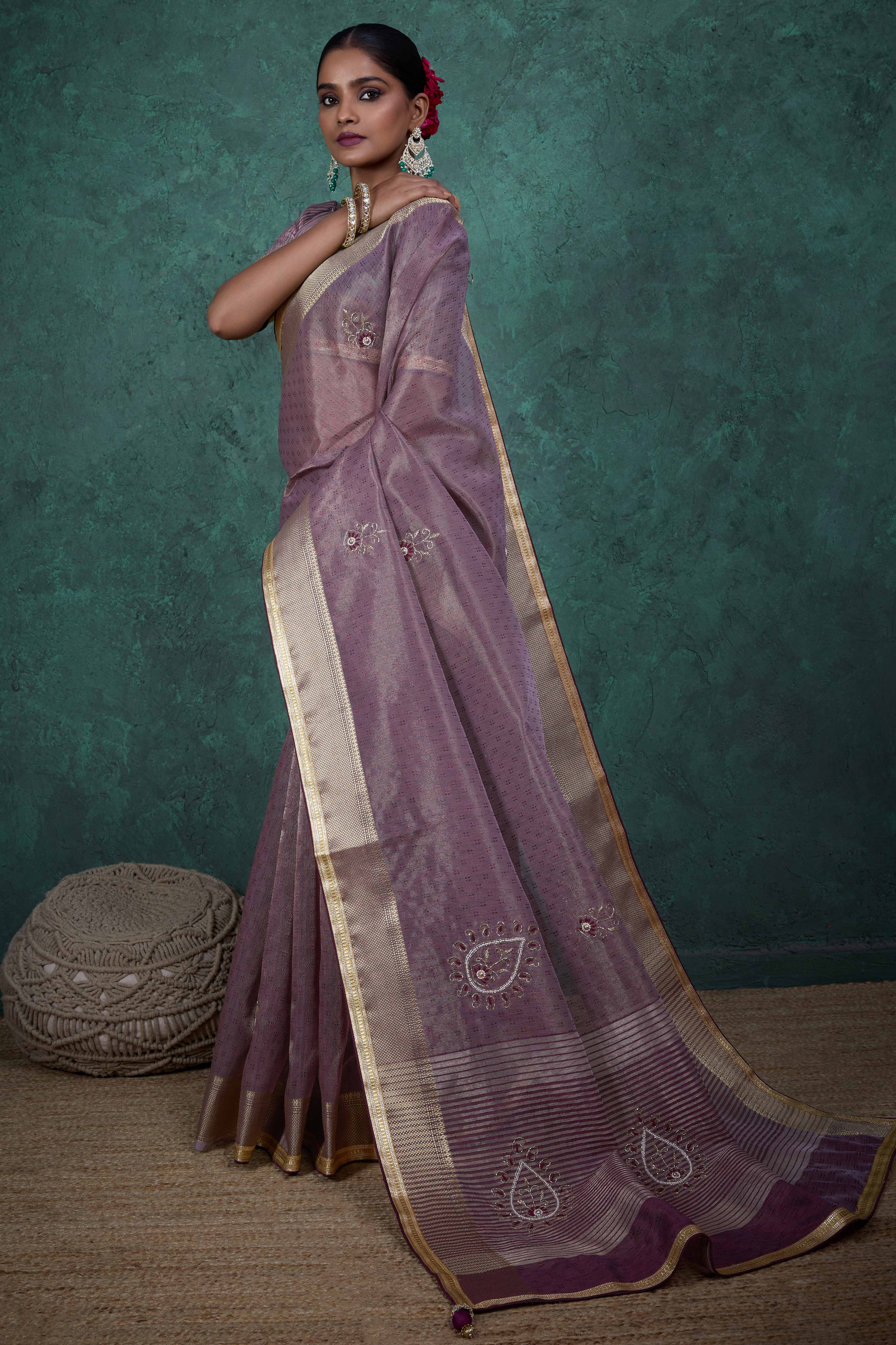 Purple Woven Linen Tissue Saree Featuring Beads Embellishment