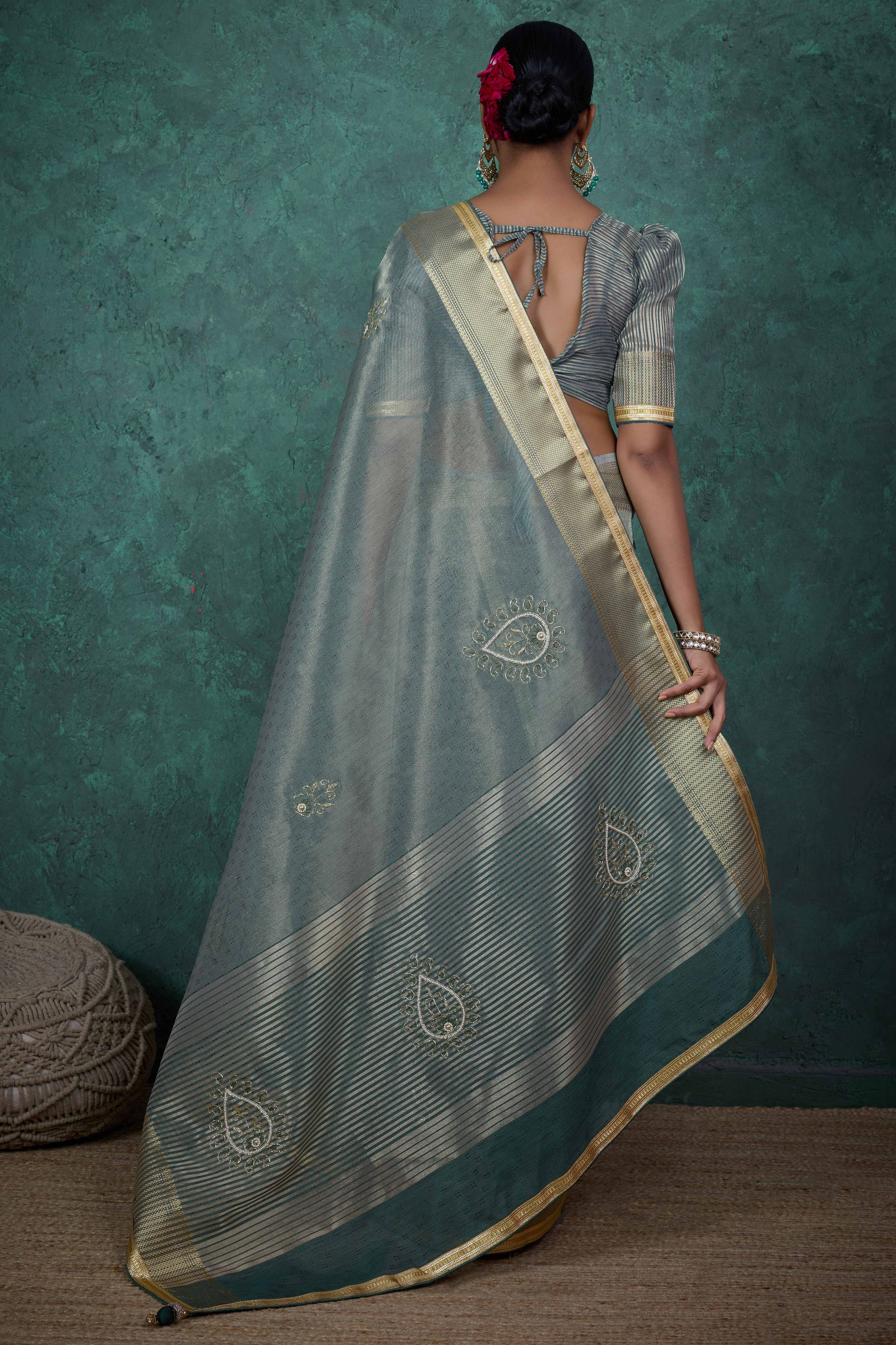 Greyish Green Woven Linen Tissue Saree Featuring Beads Embellishment