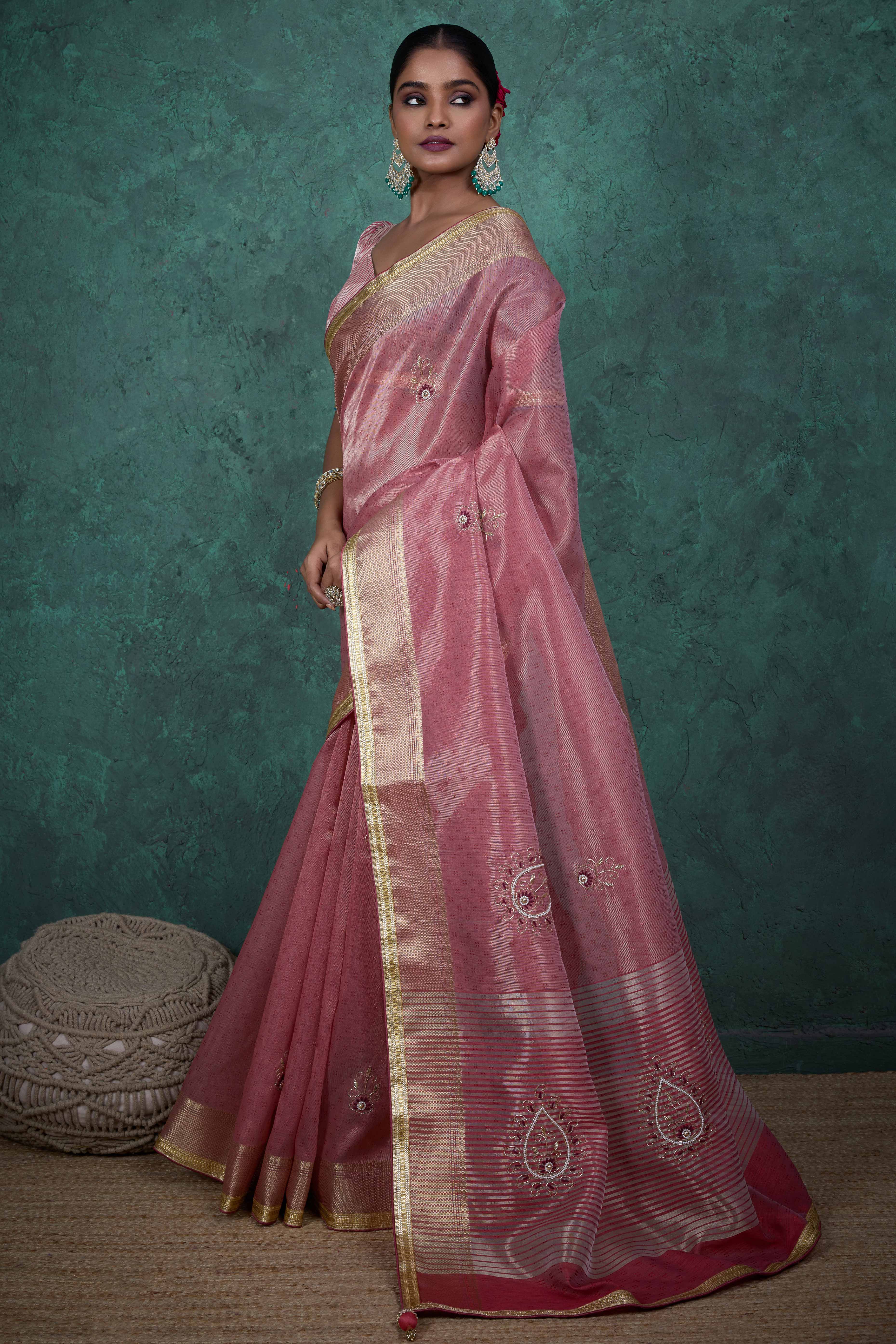 Pink Woven Linen Tissue Saree Featuring Beads Embellishment