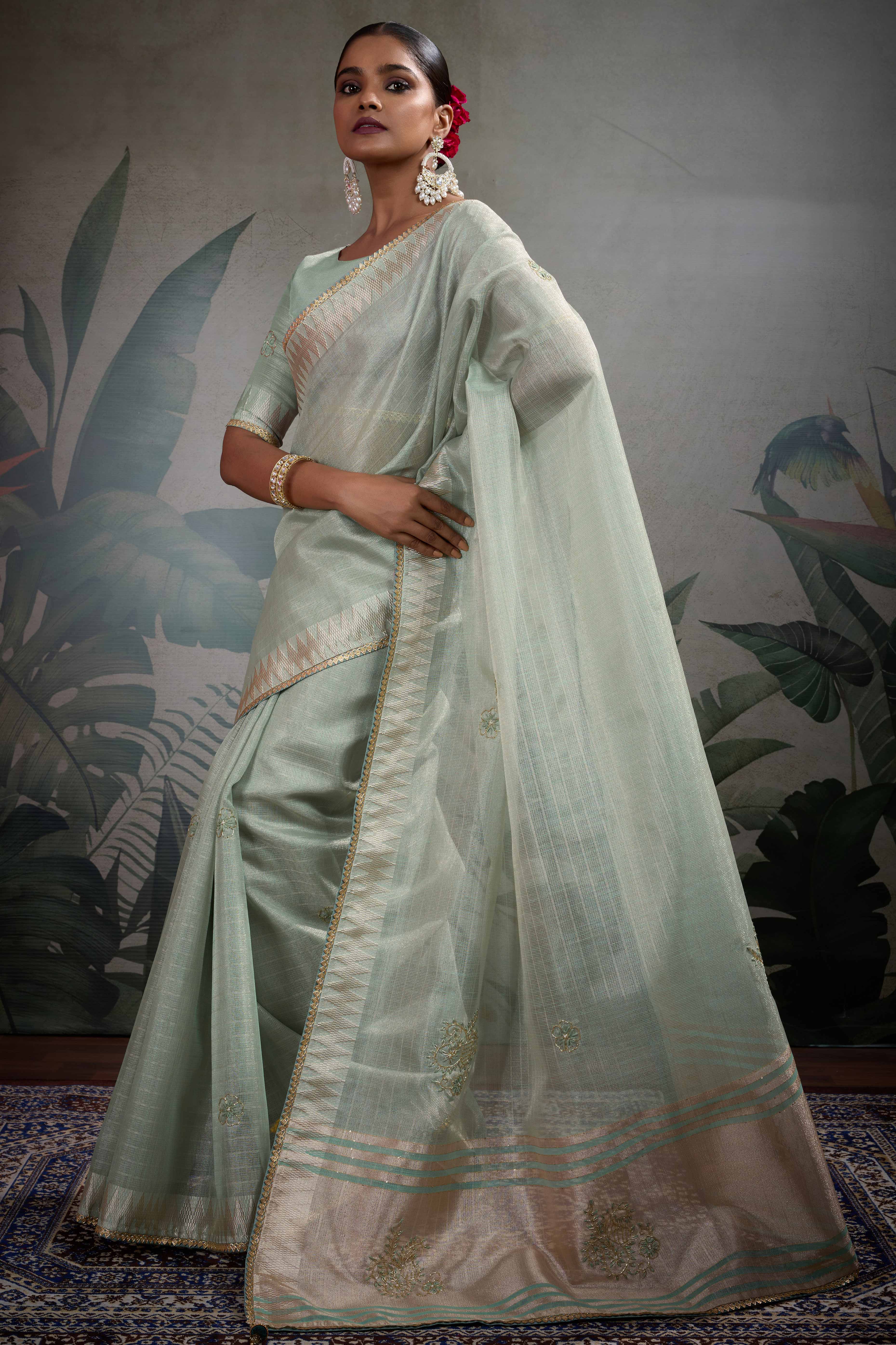 Mint Green Linen Tissue Saree with Hand Beads Embellishment