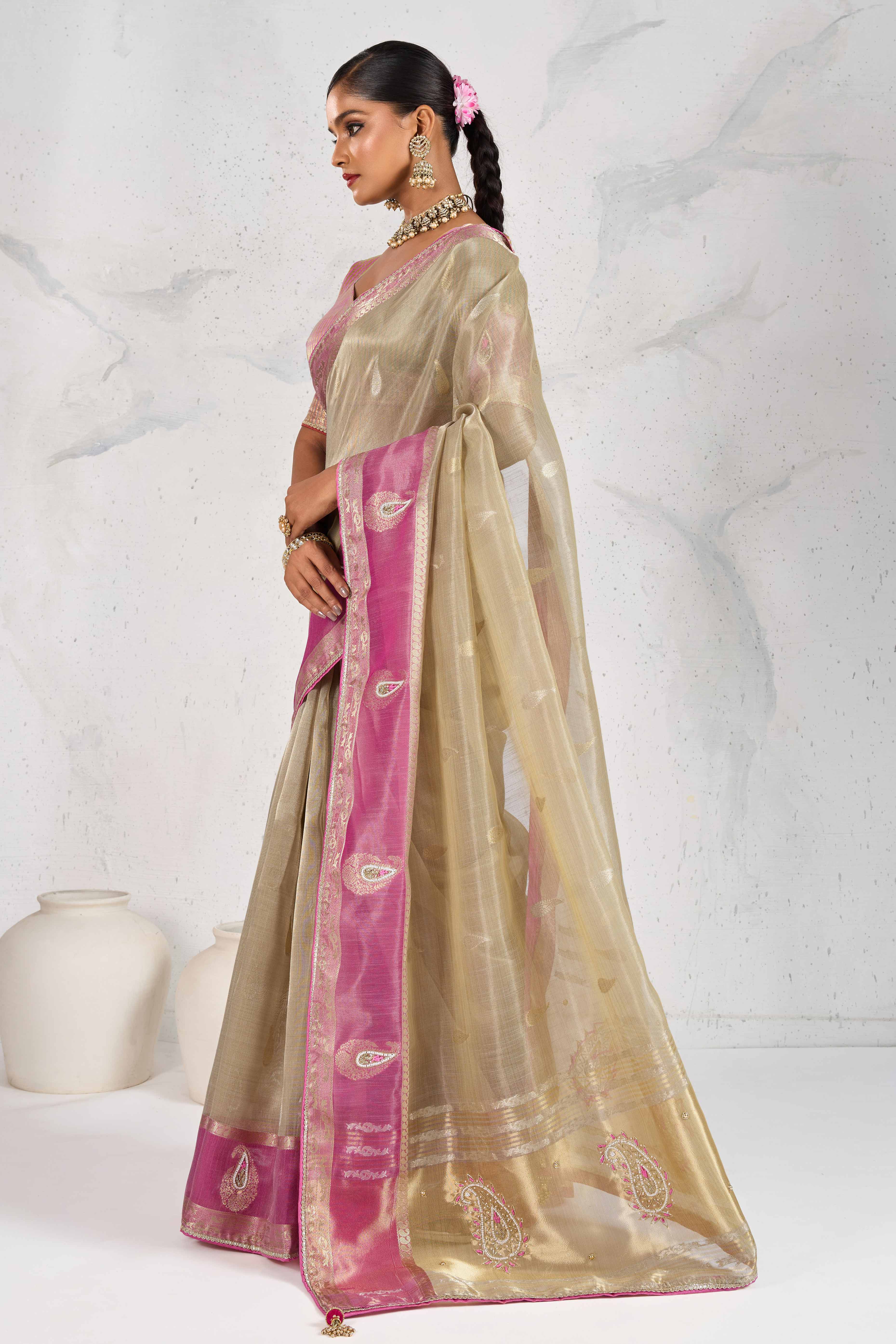 Beige Designer Tissue Linen Woven Saree with Luxe Zari and Beads Work