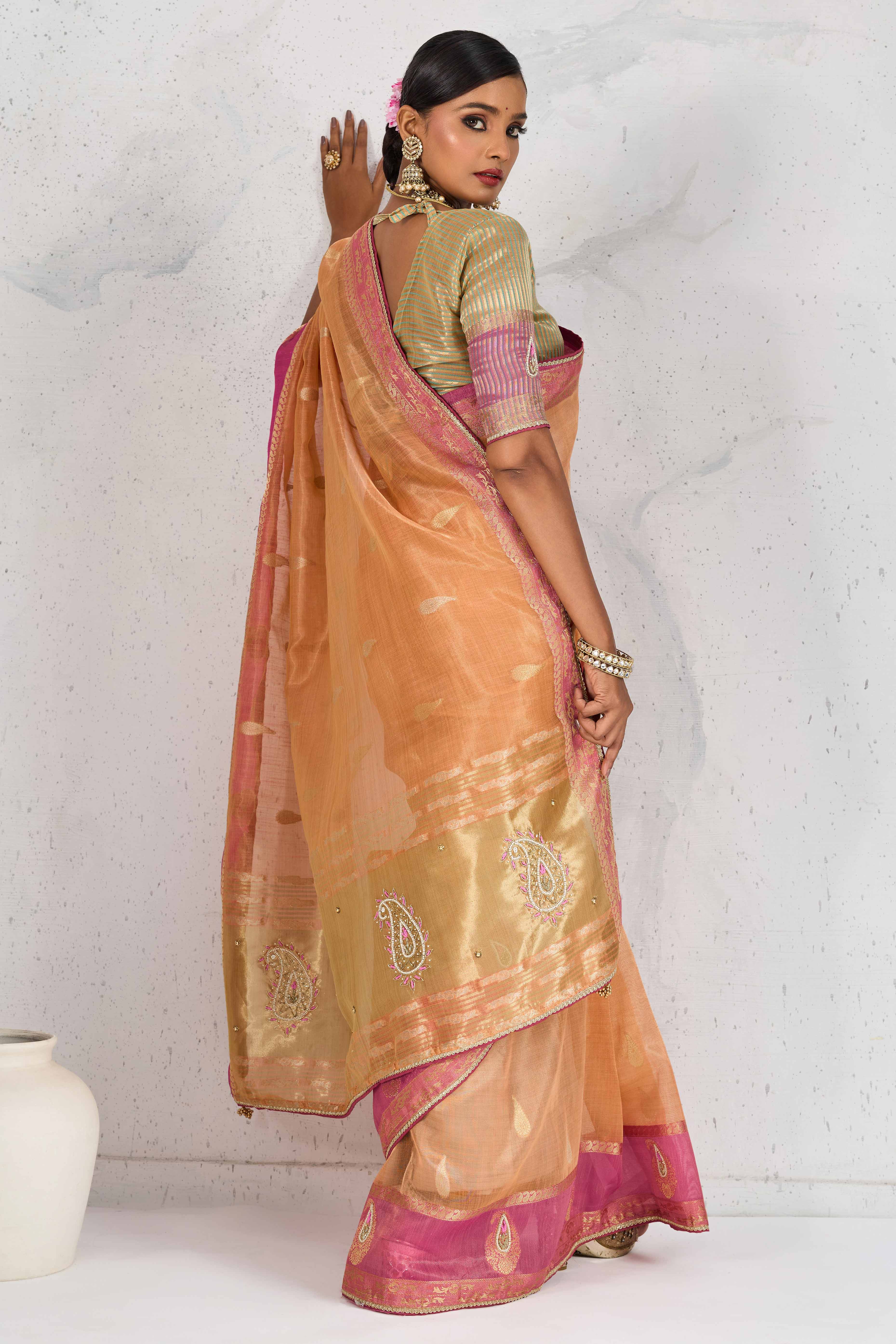 Orange Designer Tissue Linen Woven Saree with Luxe Zari and Beads Work