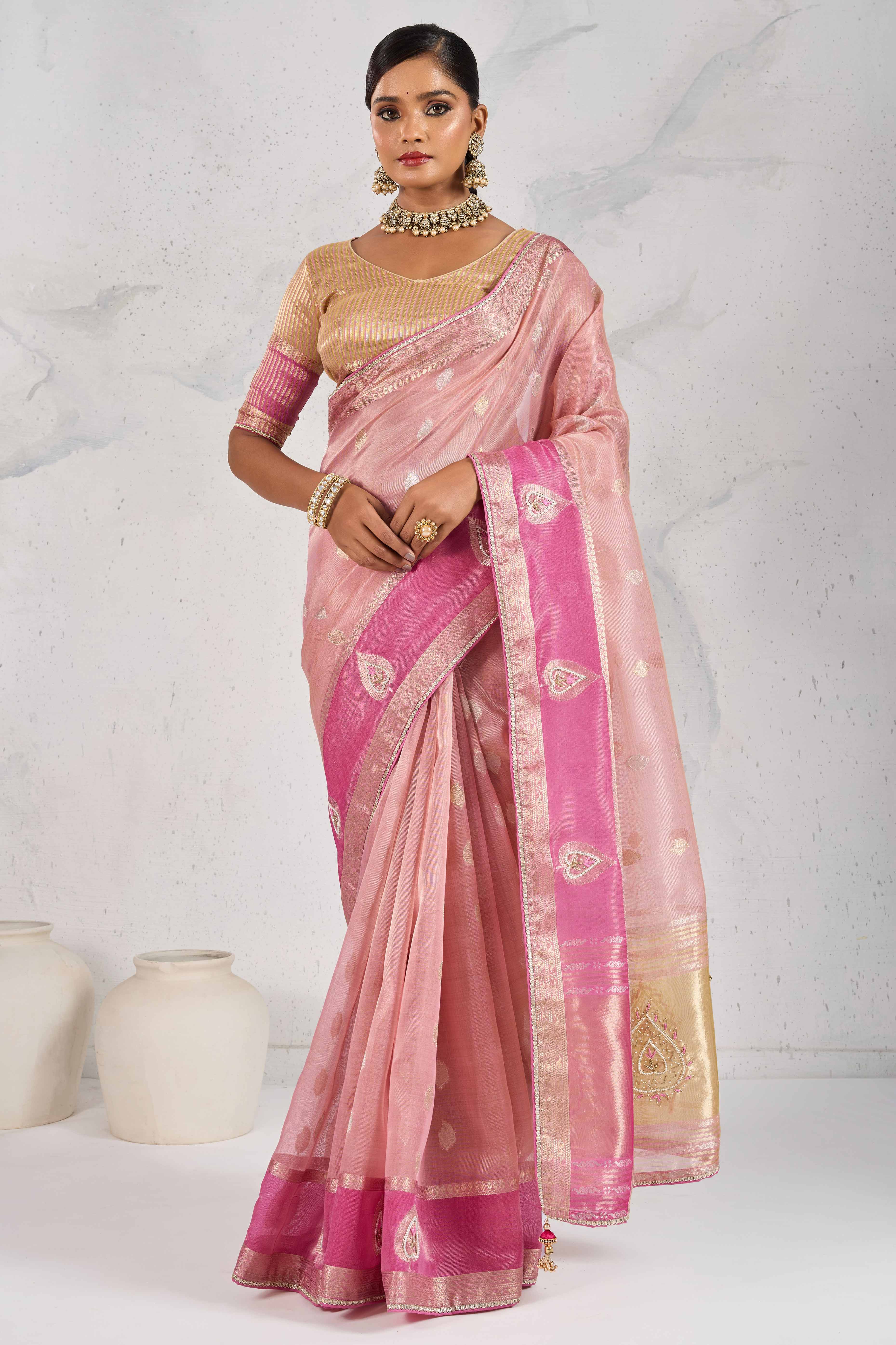 Pink Designer Tissue Linen Woven Saree with Luxe Zari and Beads Work