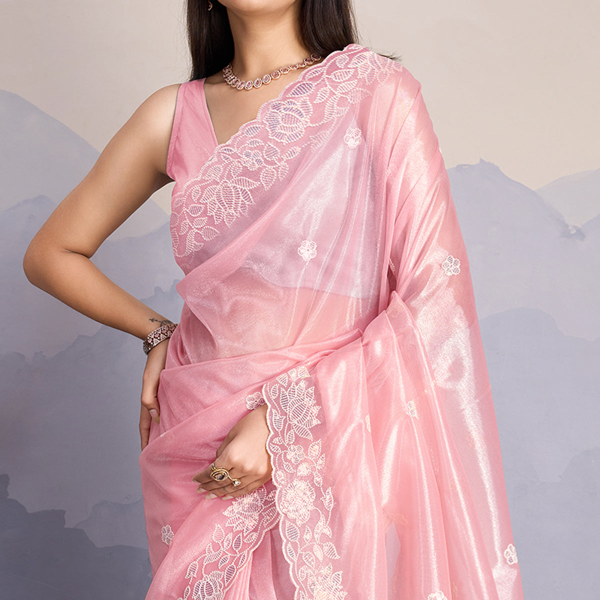 Baby Pink Floral Sequins Embroidered Twill Net Saree