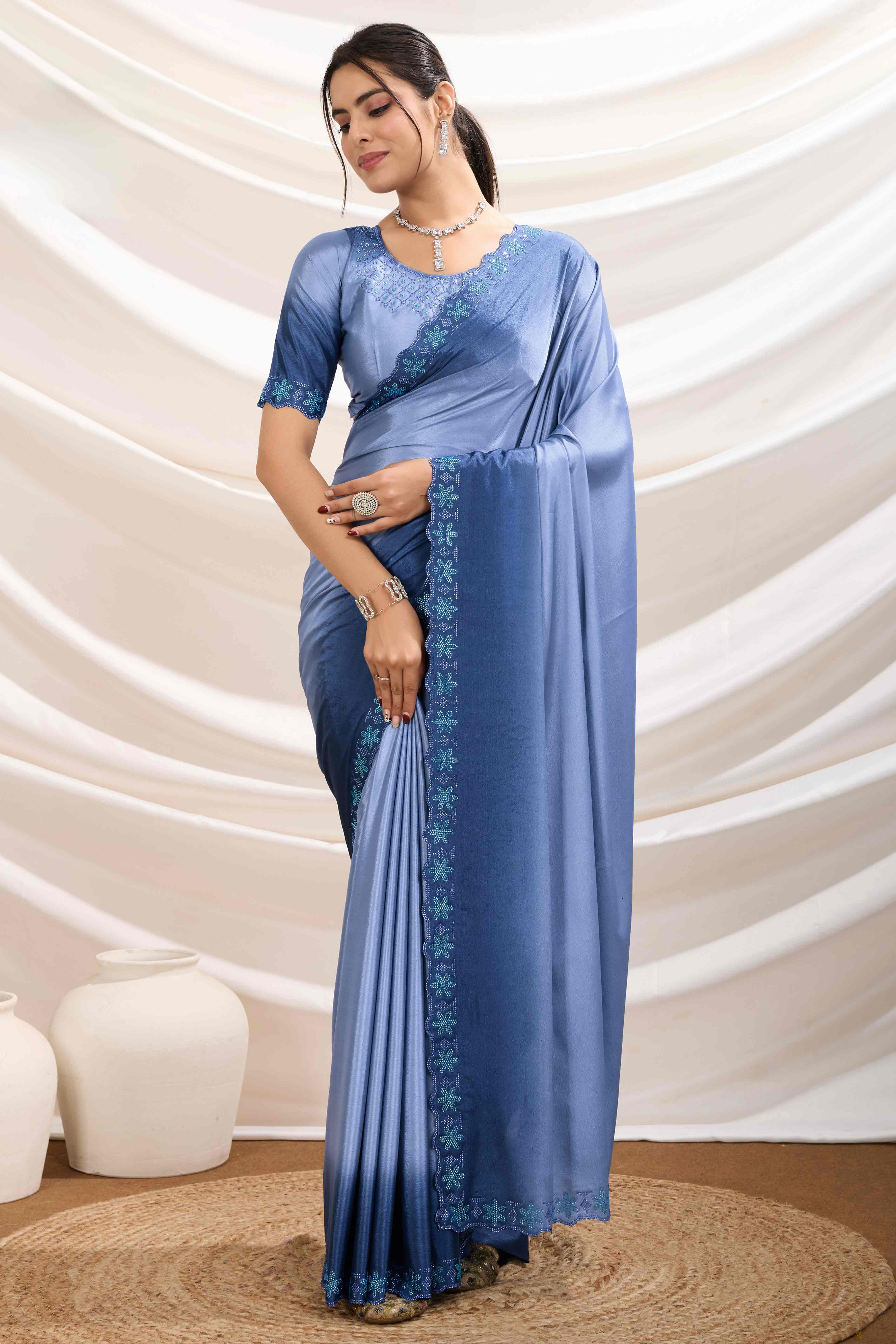 Blue Two Tone Ombre Crepe Saree With Exquisite Floral Stonework