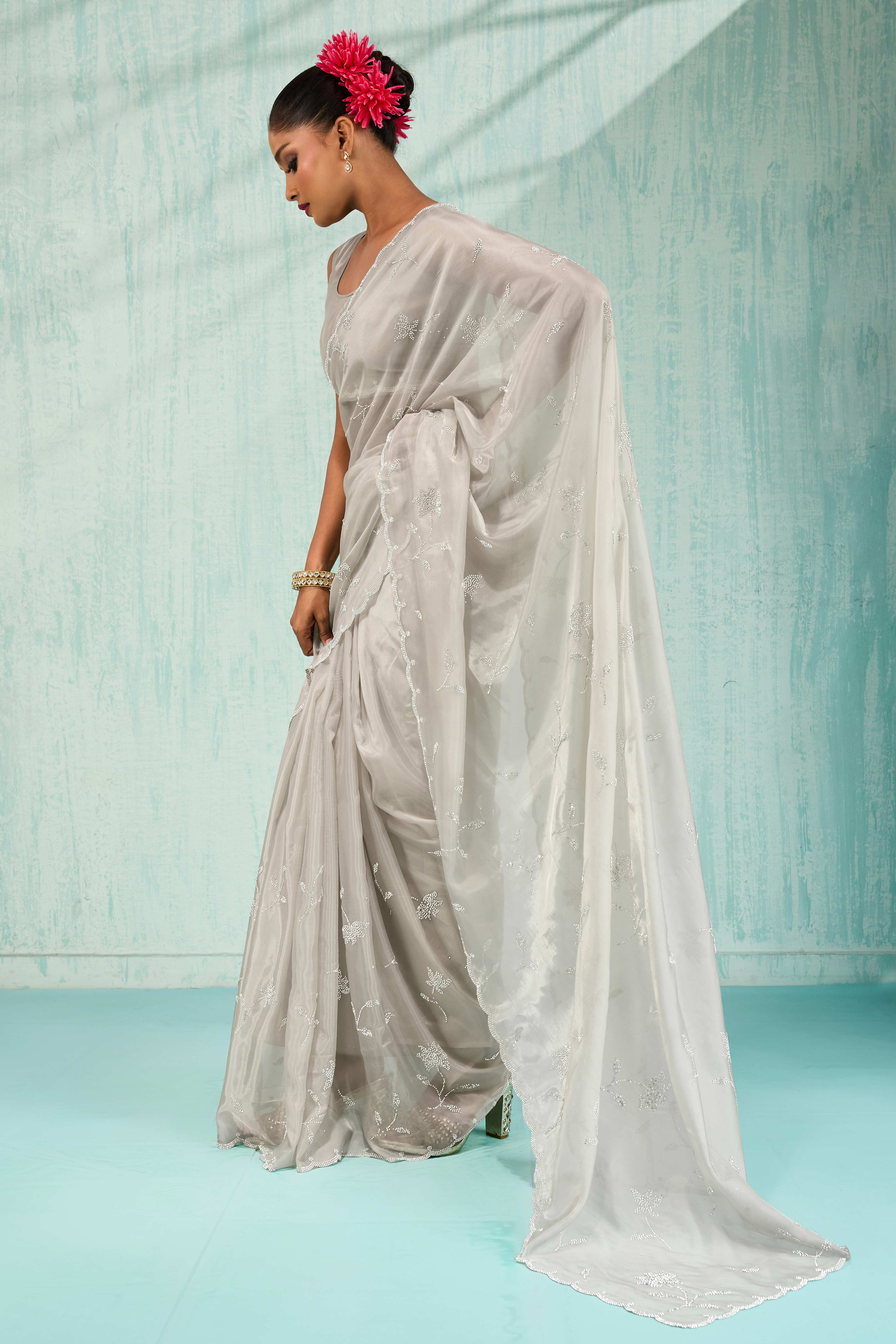 Grey Embellished Viscose Saree Featuring Luxe Crystal Detailing