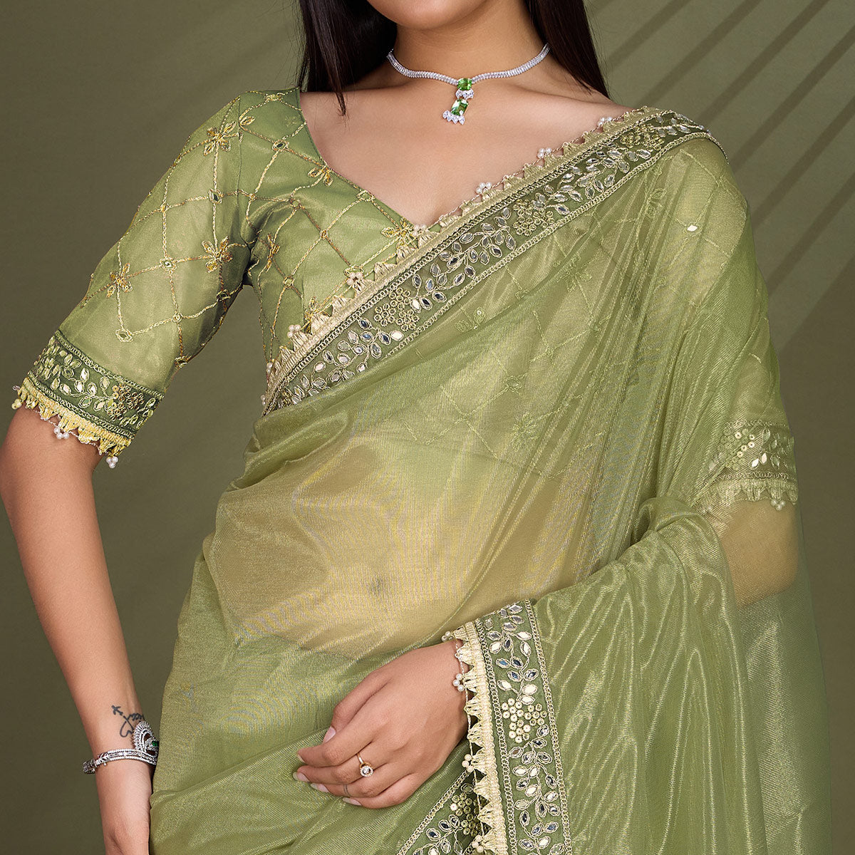 Green Sequins Embroidery With Mirror Handwork Twill Net Saree