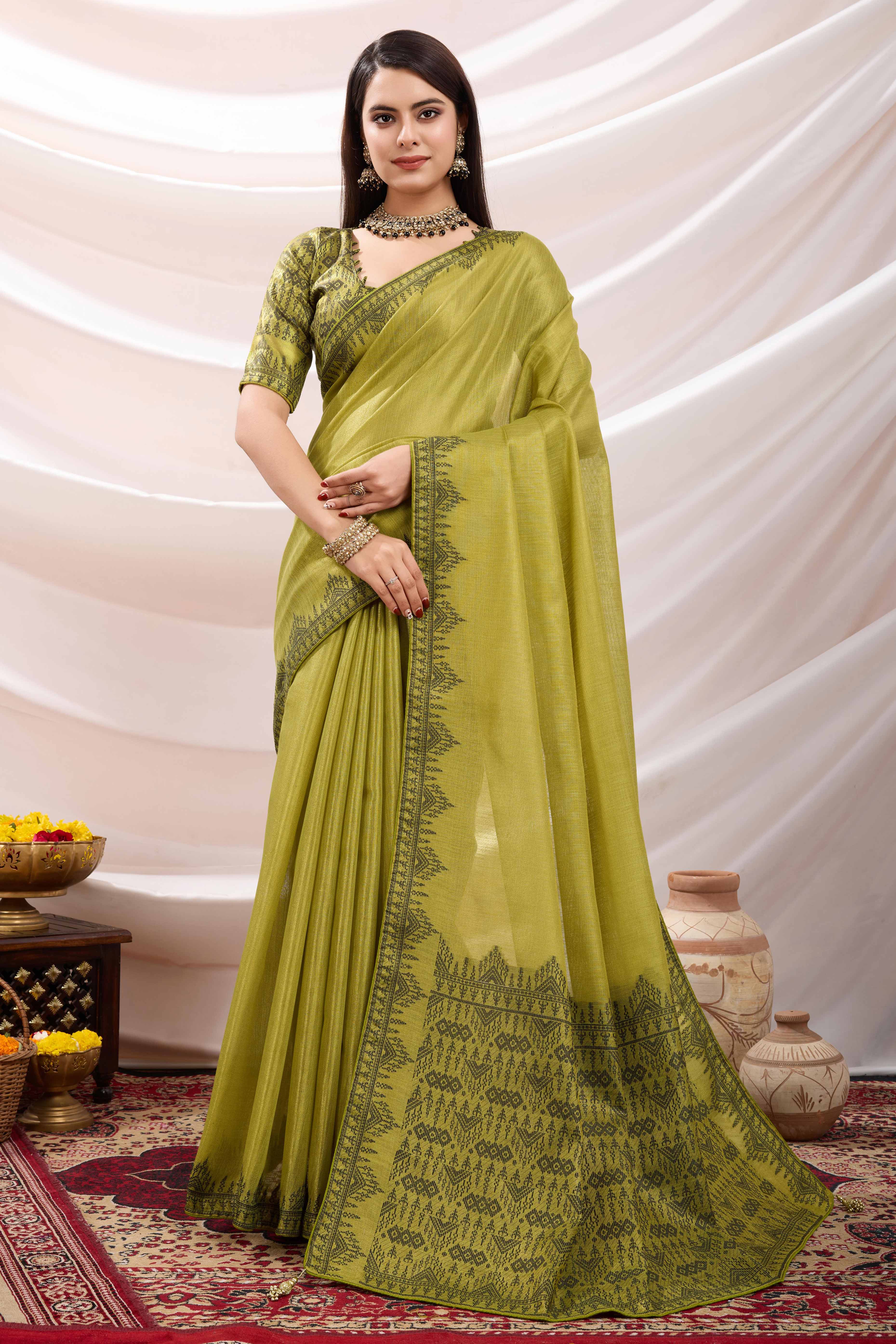 Green Festive Linen Tissue Saree with Zari Borders