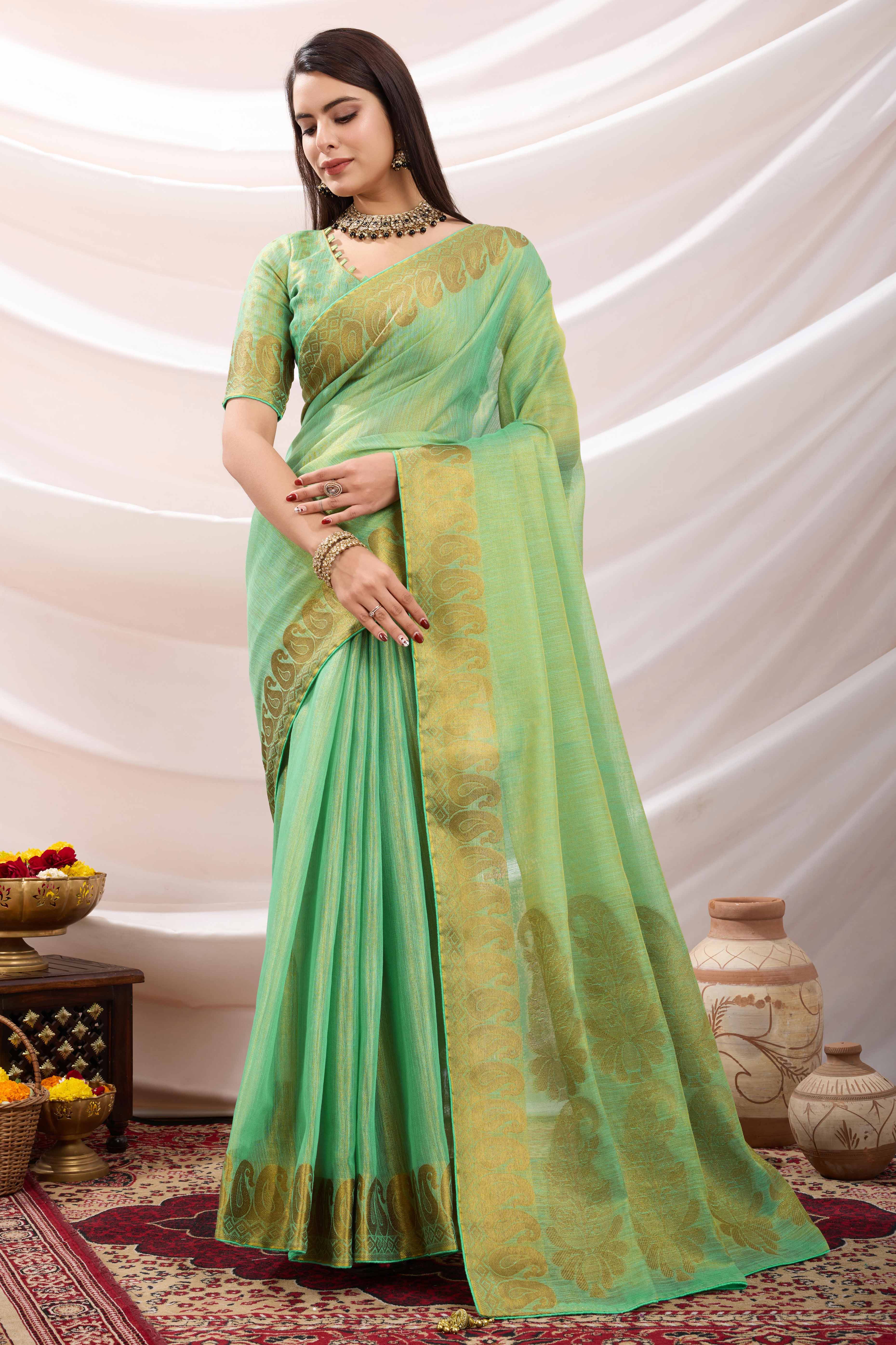 Sea Green Festive Linen Tissue Saree with Zari Borders