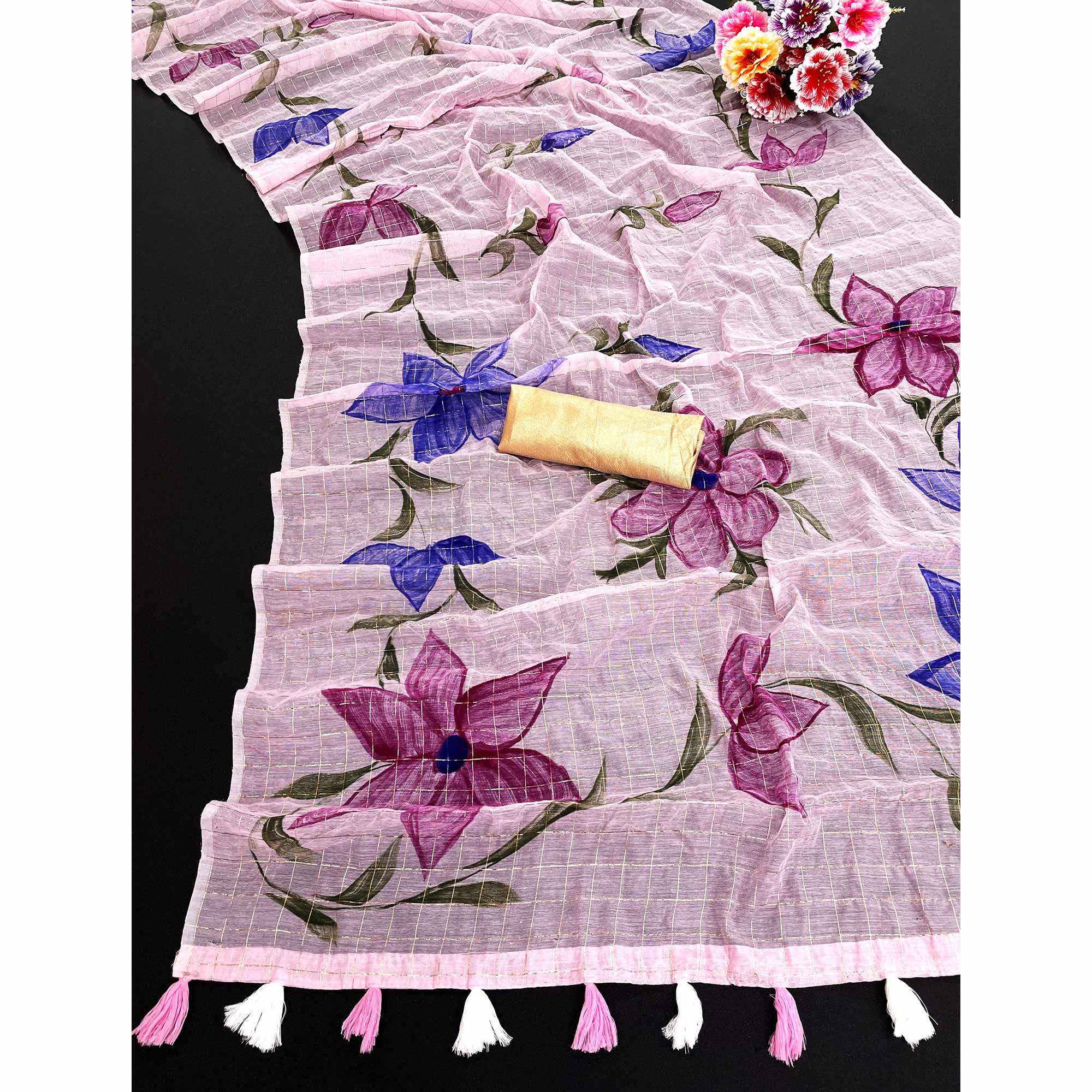 Pink Hand Printed With Zari Woven Cotton Blend Saree