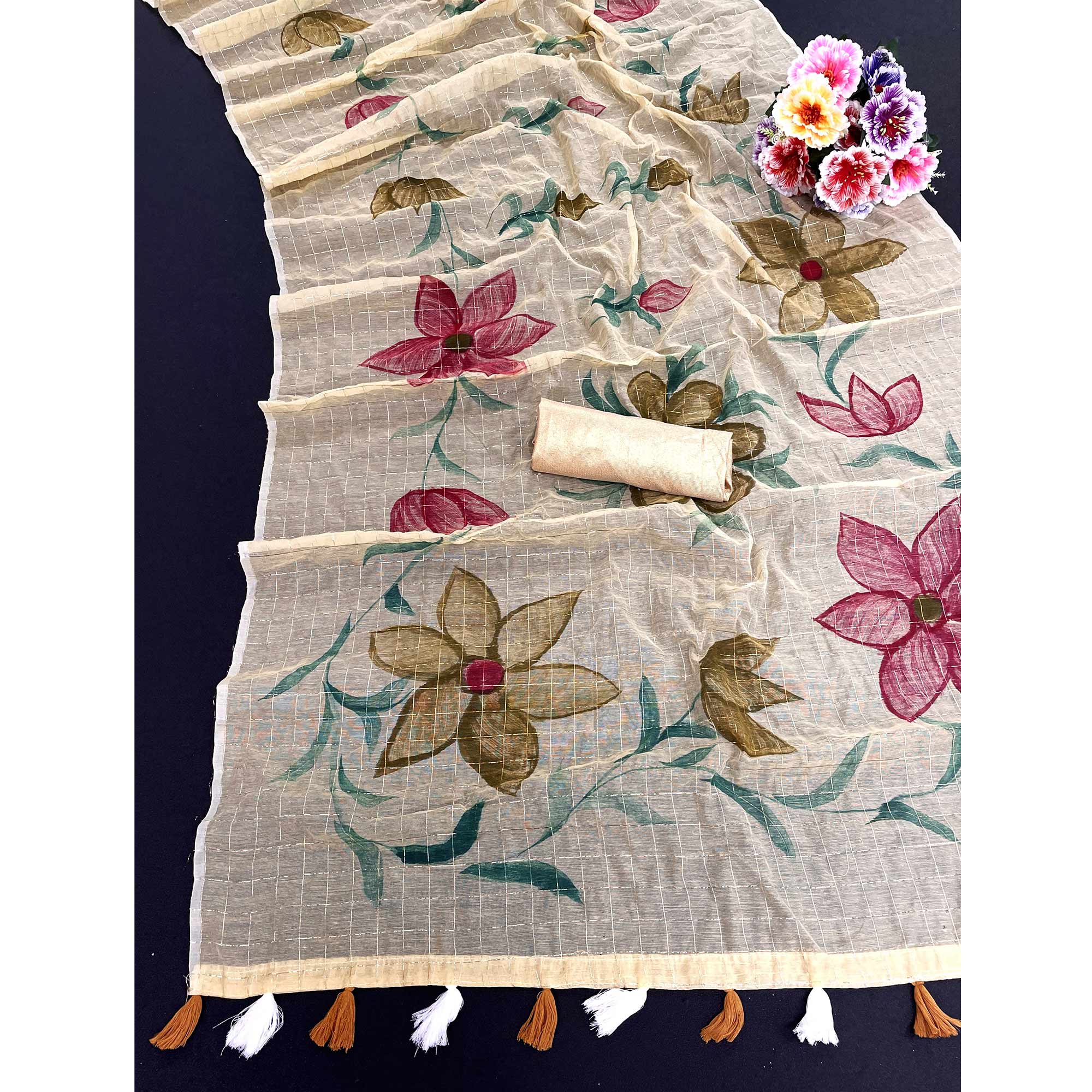 Yellow Hand Printed With Zari Woven Cotton Blend Saree