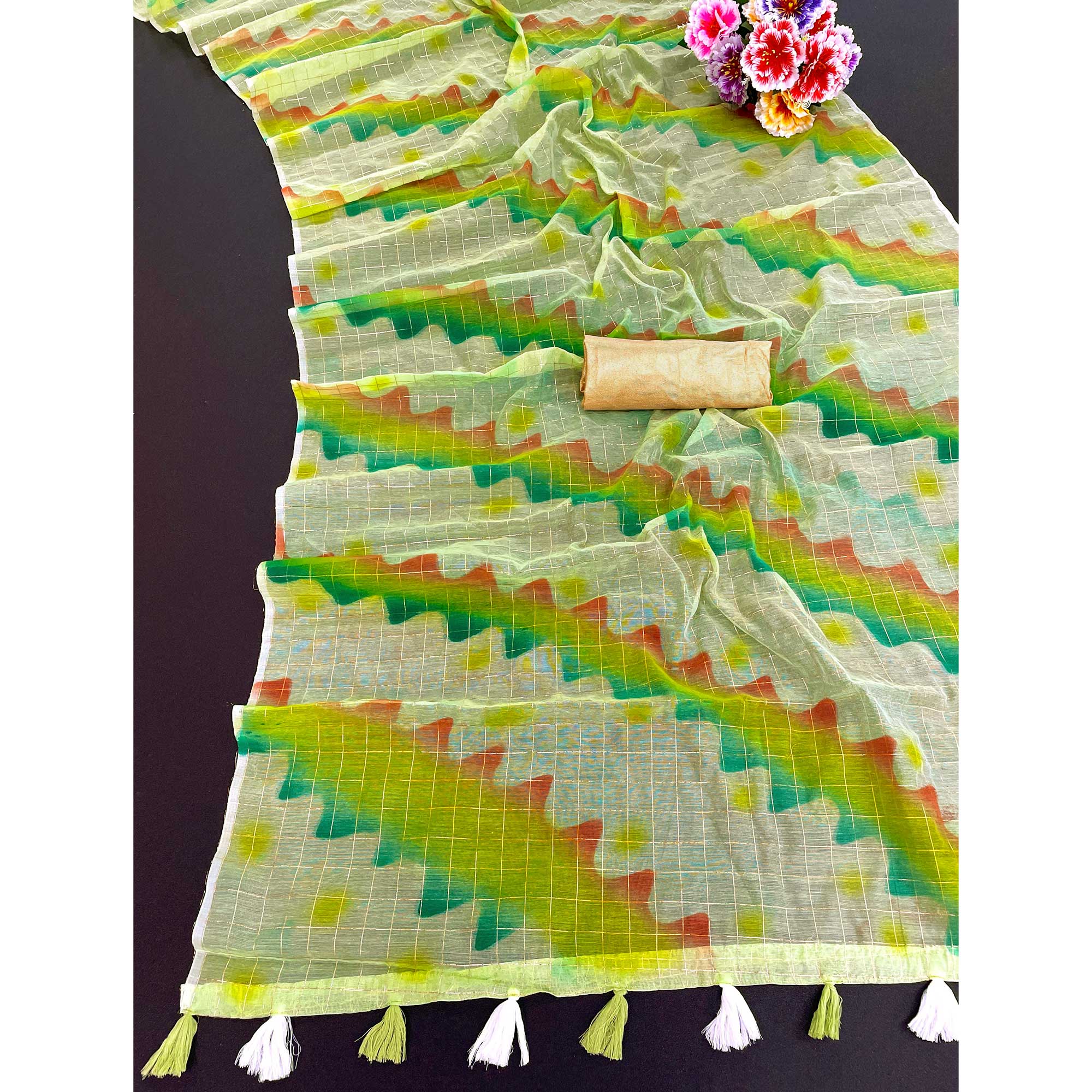Green Hand Printed With Zari Woven Cotton Blend Saree