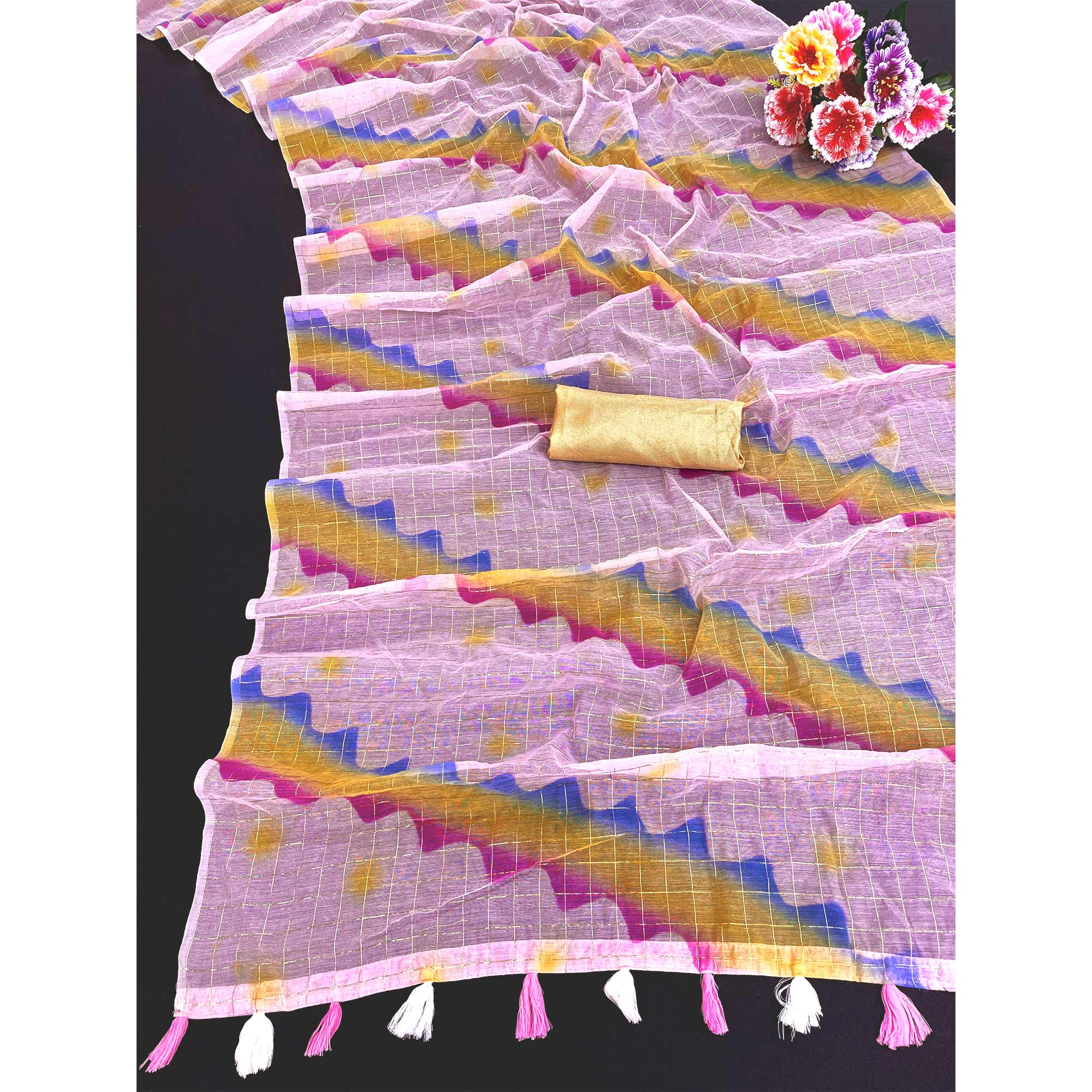 Pink Hand Printed With Zari Woven Cotton Blend Saree