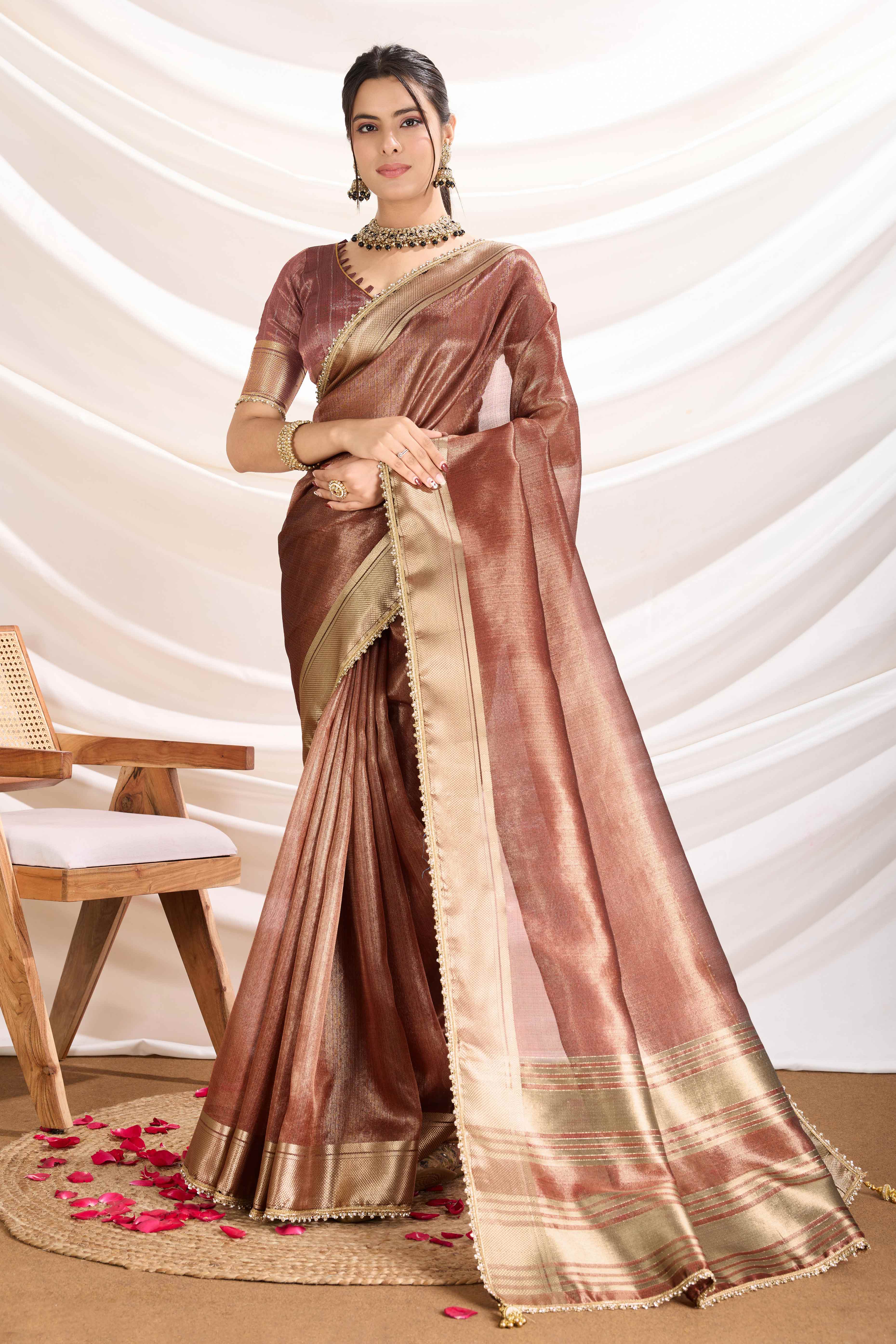 Brown Solid Linen Tissue Saree With Weaving & Zarkan Lace Border