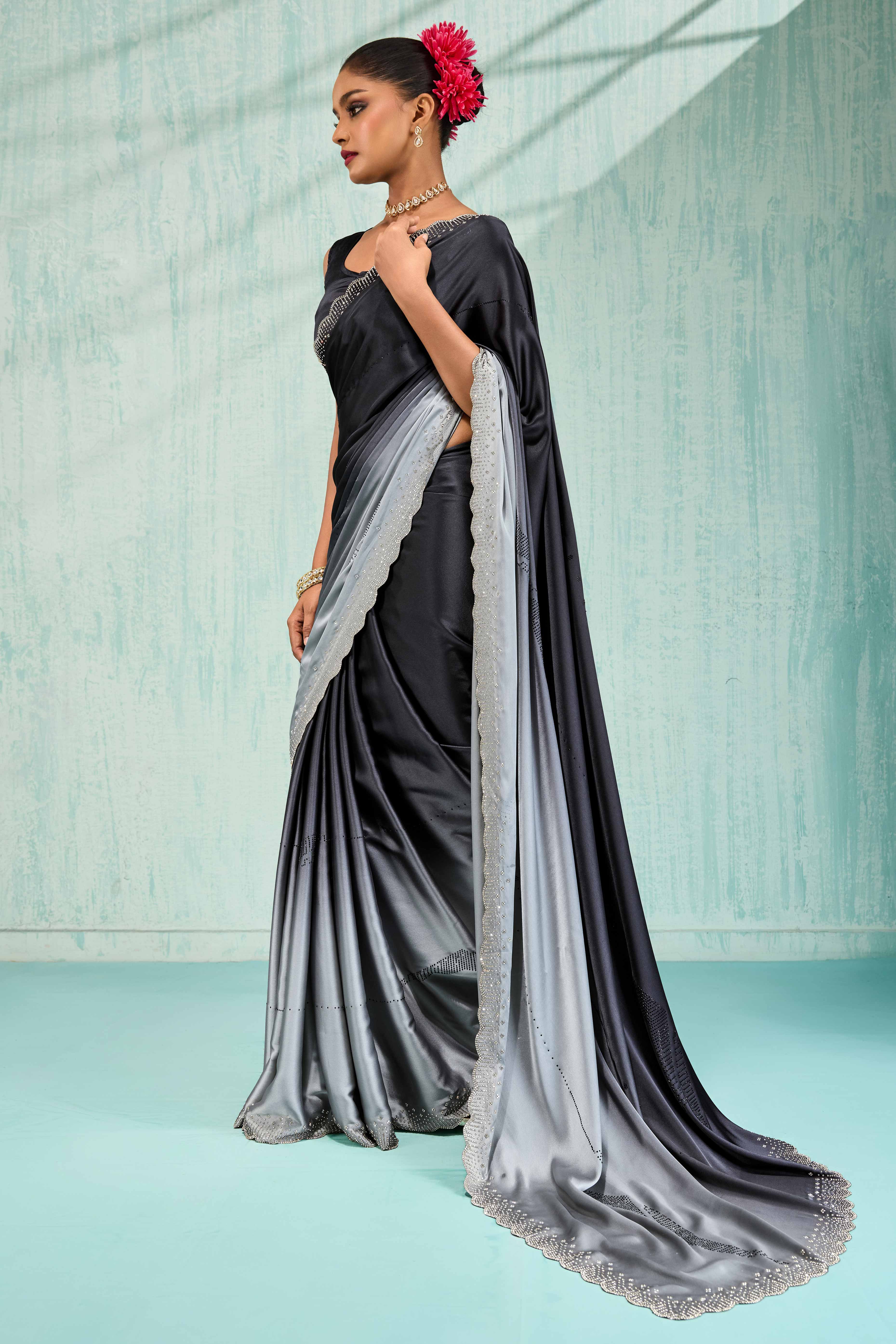 Black & Grey Satin Ombre Saree Adorned With Rhinestone Crystal Handwork & Elegant Scalloped Border