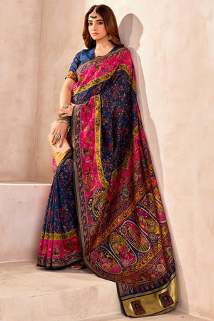 Traditional Navy Blue Rajwadi Weaving Pashmina Silk Saree With Kashmiri Pallu & Elegant Zari Border