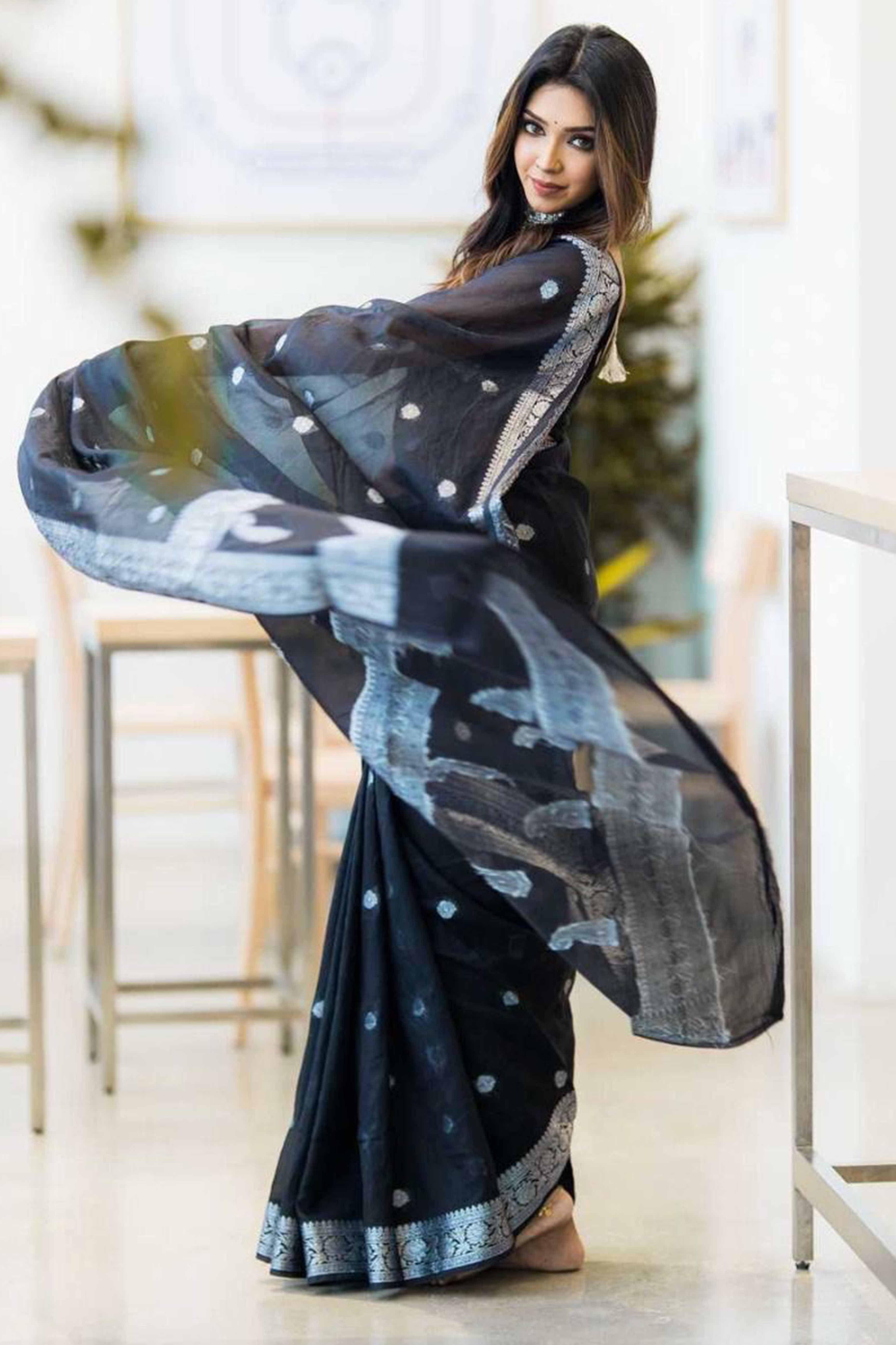 Black Soft Linen Saree Featuring Butti Pattern & Zari Weave