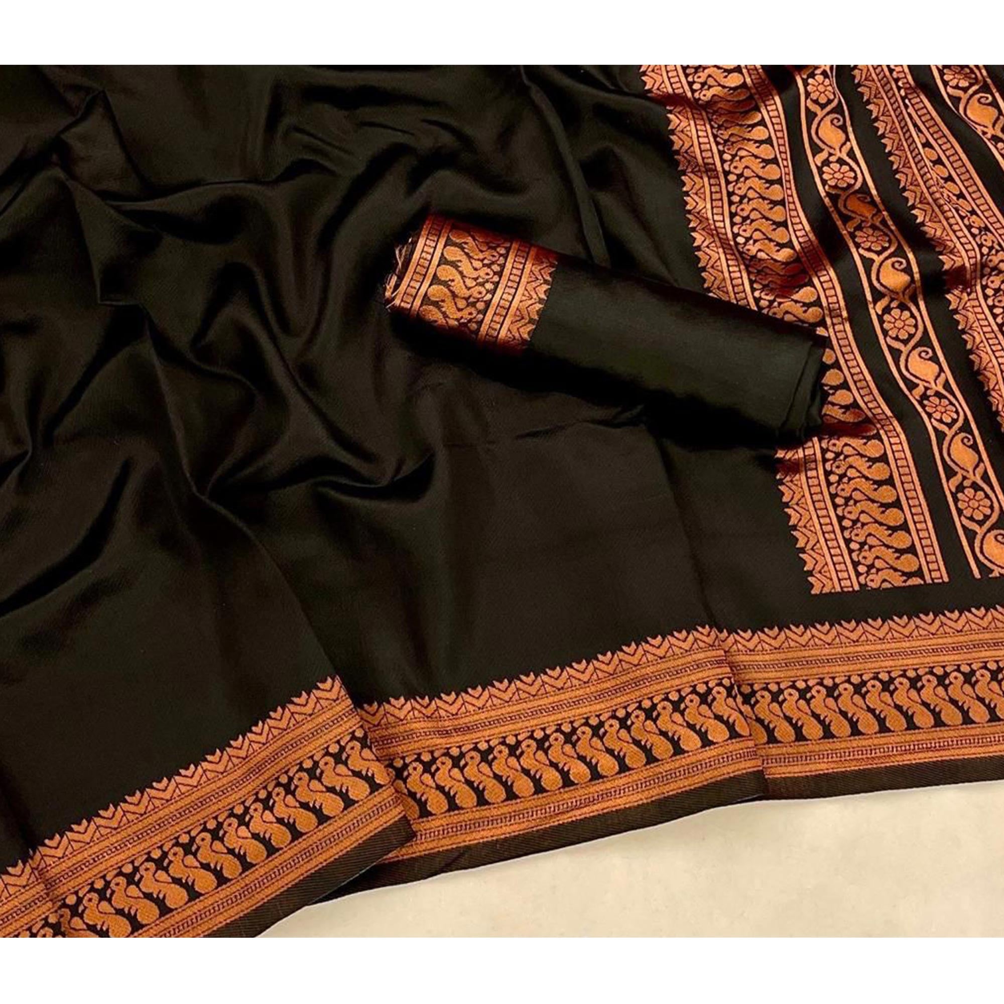 Black Banarasi Silk Saree with Zari Woven Border Design