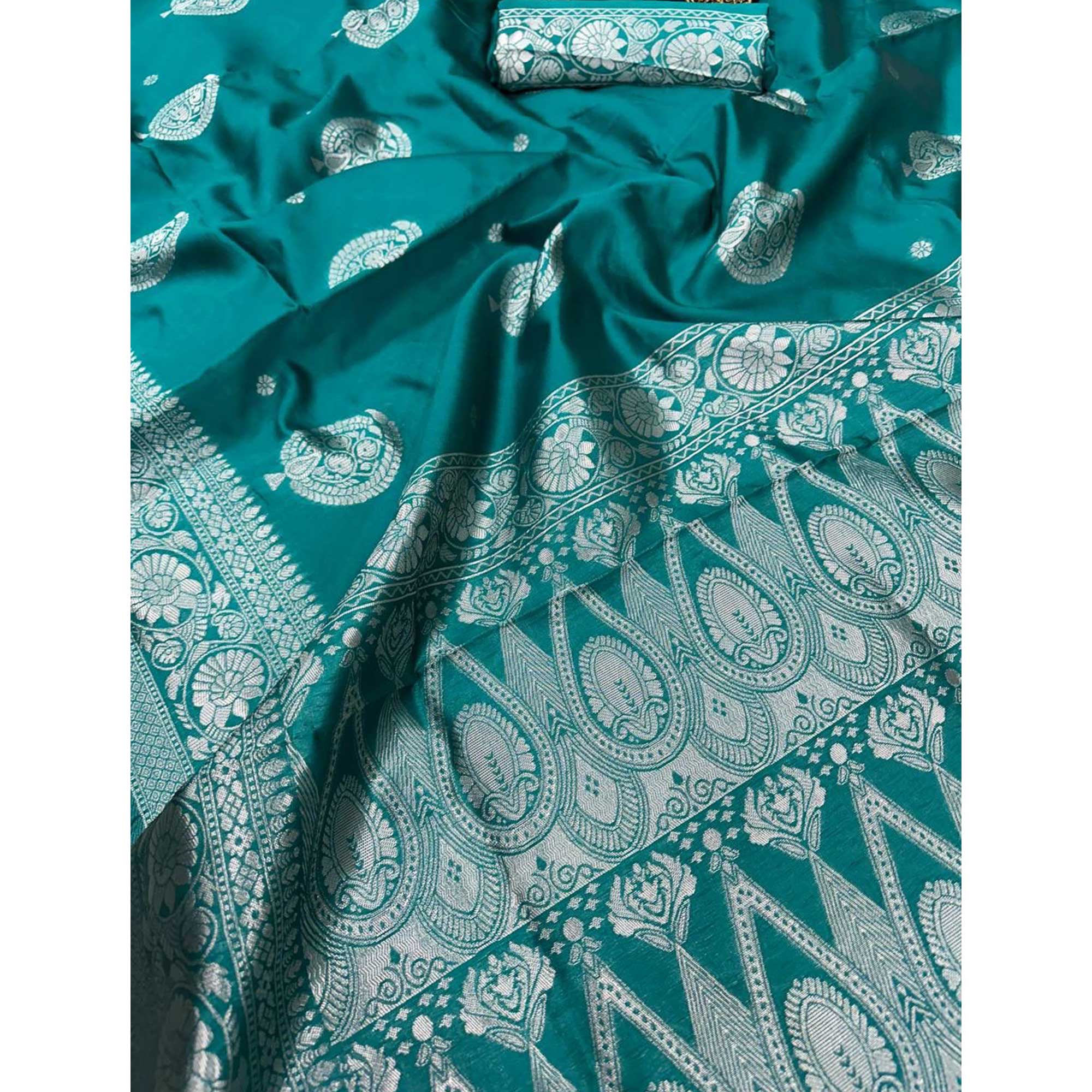 Elegant Teal Floral Zari Woven Lichi Banarasi Silk Saree With Rich Detailing