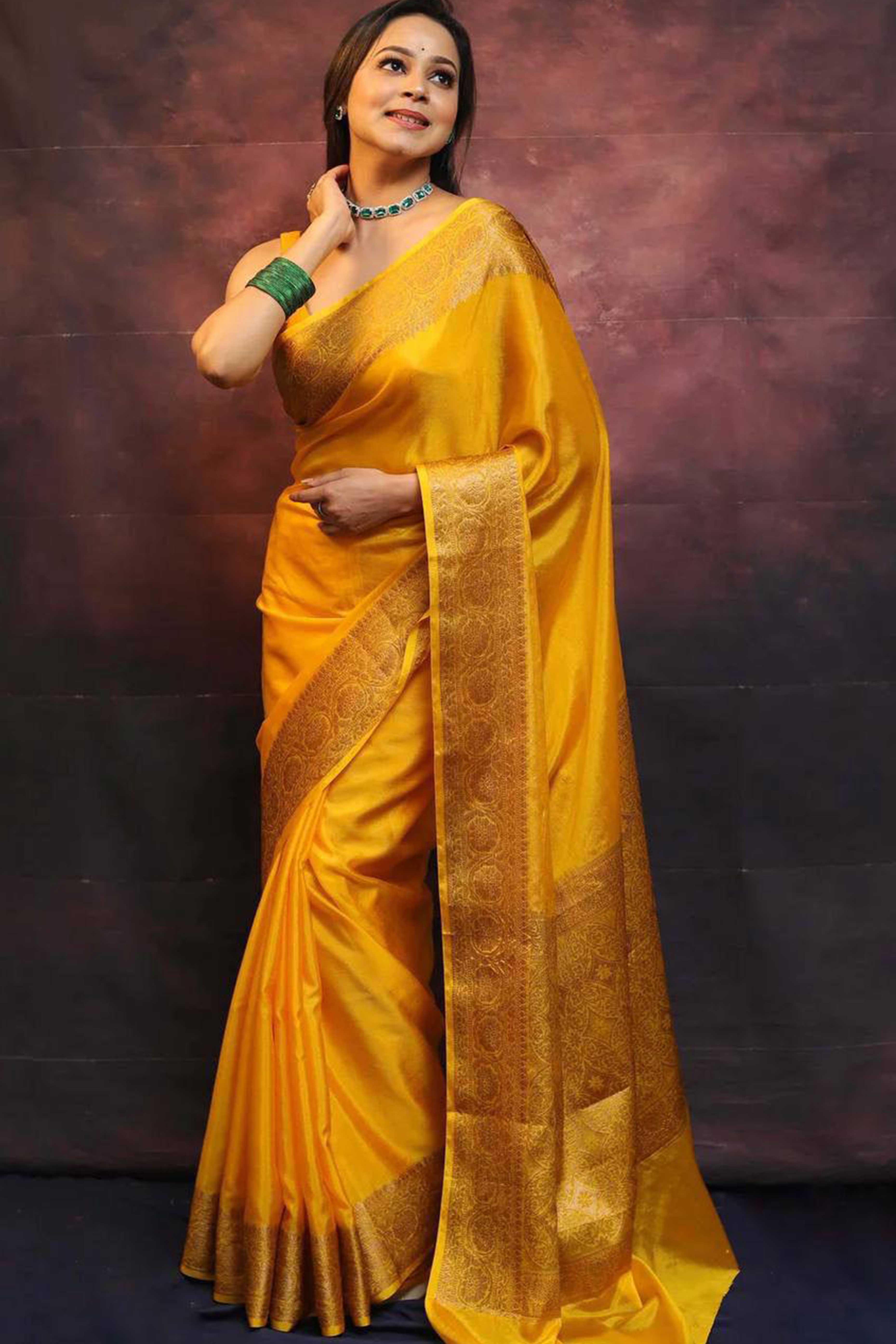 Mustard Floral Woven Lichi Banarasi Silk Saree