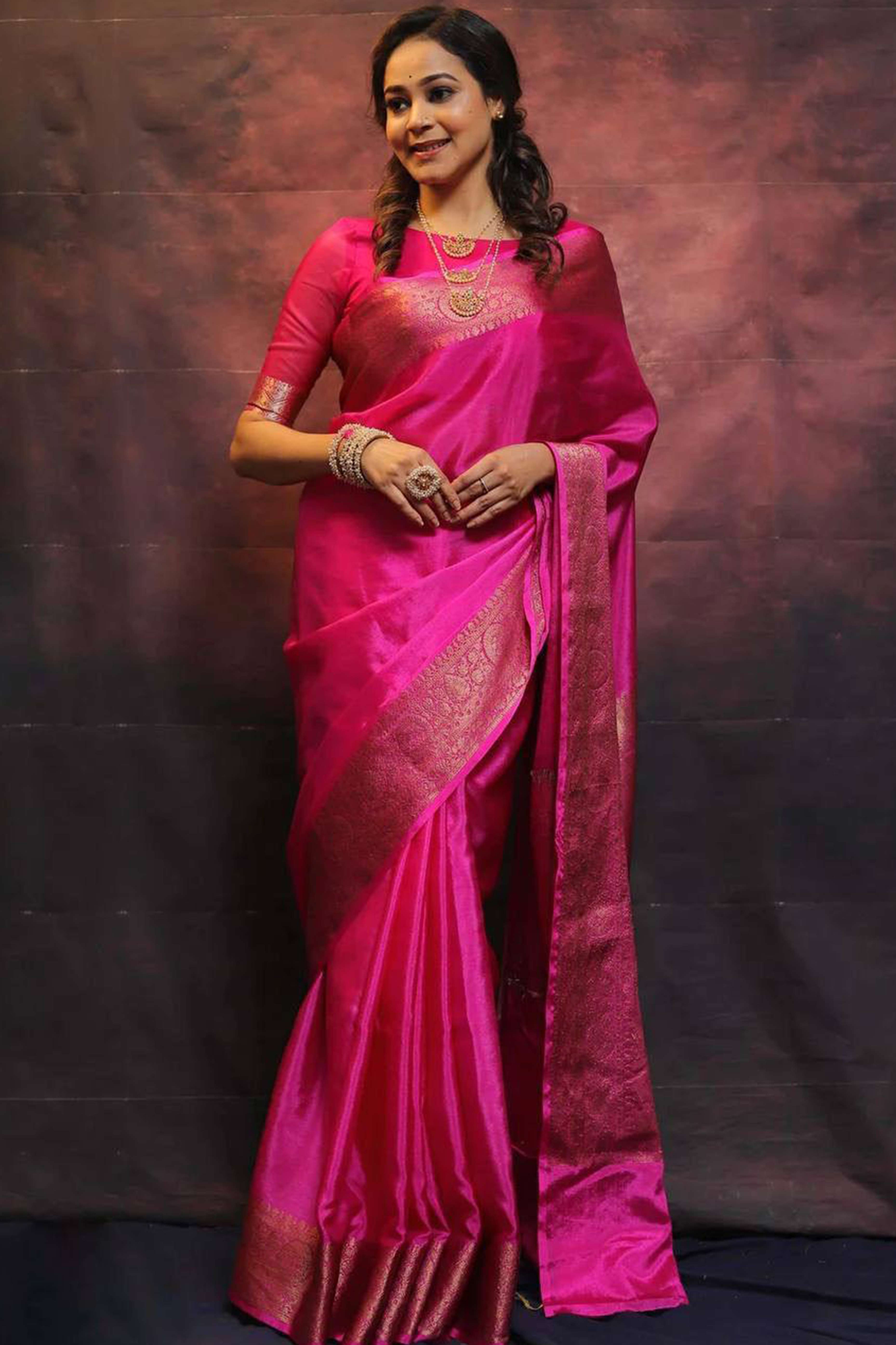 Pink Floral Woven Lichi Banarasi Silk Saree