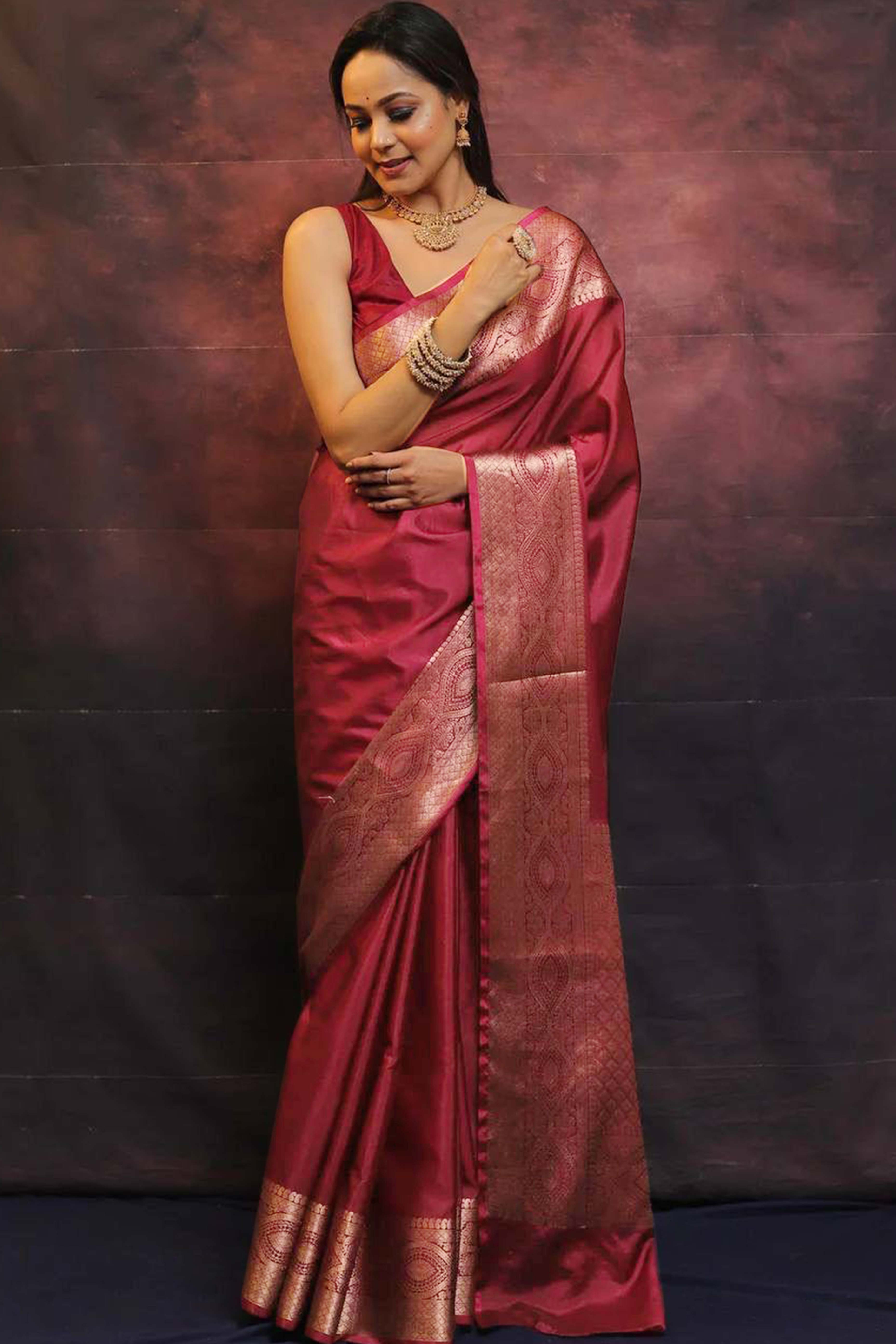 Regal Maroon Floral Zari Woven Lichi Banarasi Silk Saree