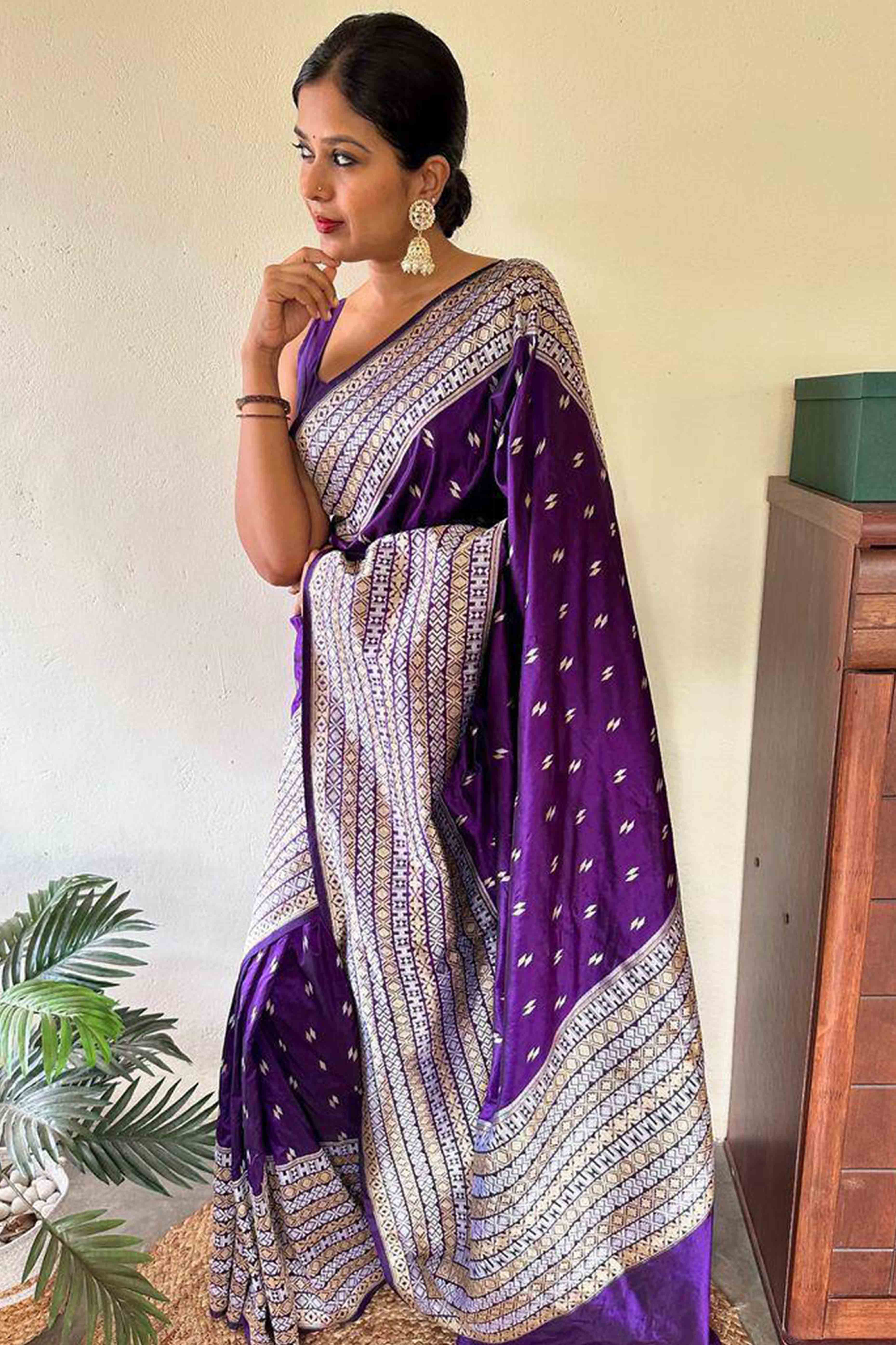 Violet Floral Woven Lichi Banarasi Silk Saree With Tassels
