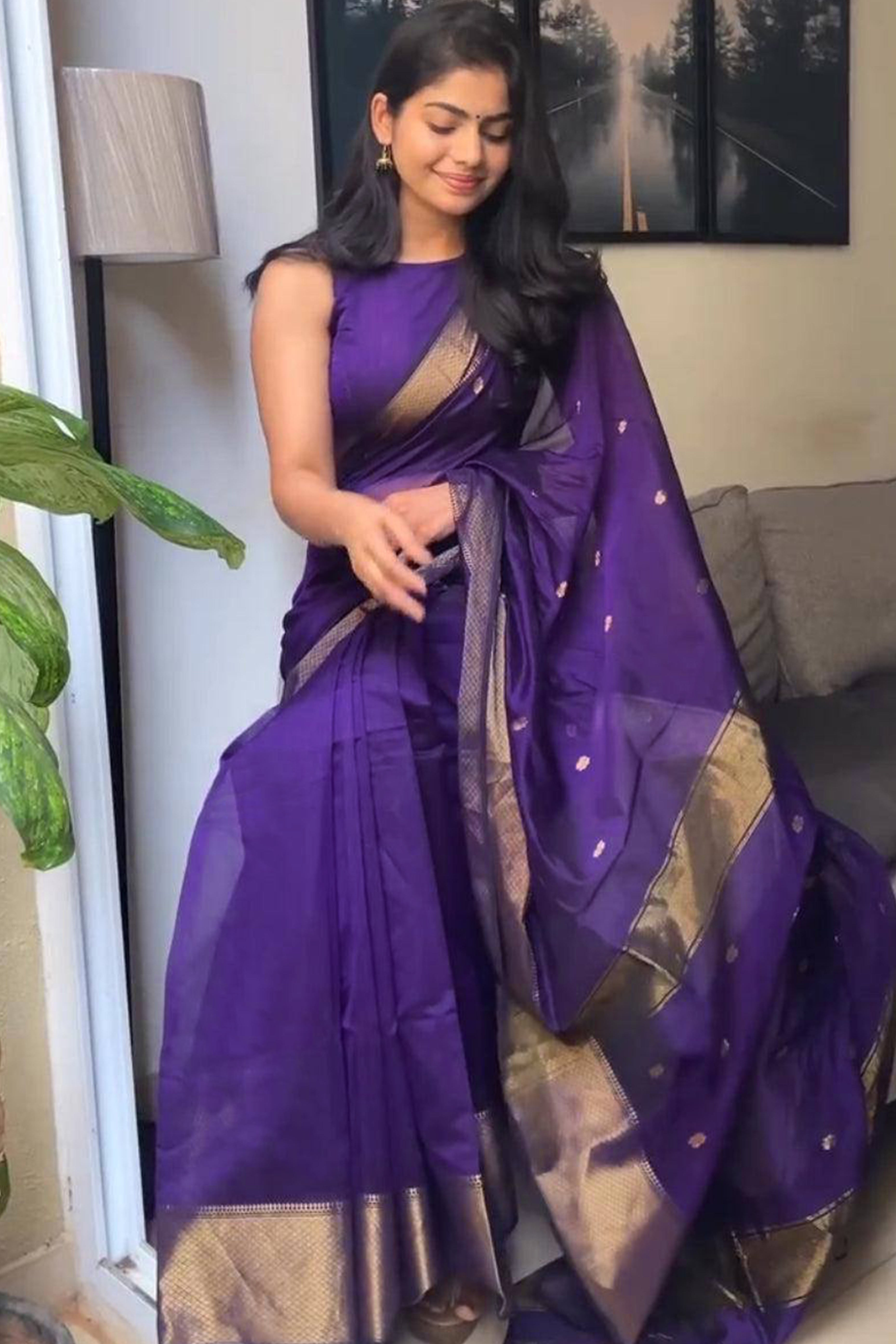 Elegant Purple Floral Zari Woven Cotton Silk Saree