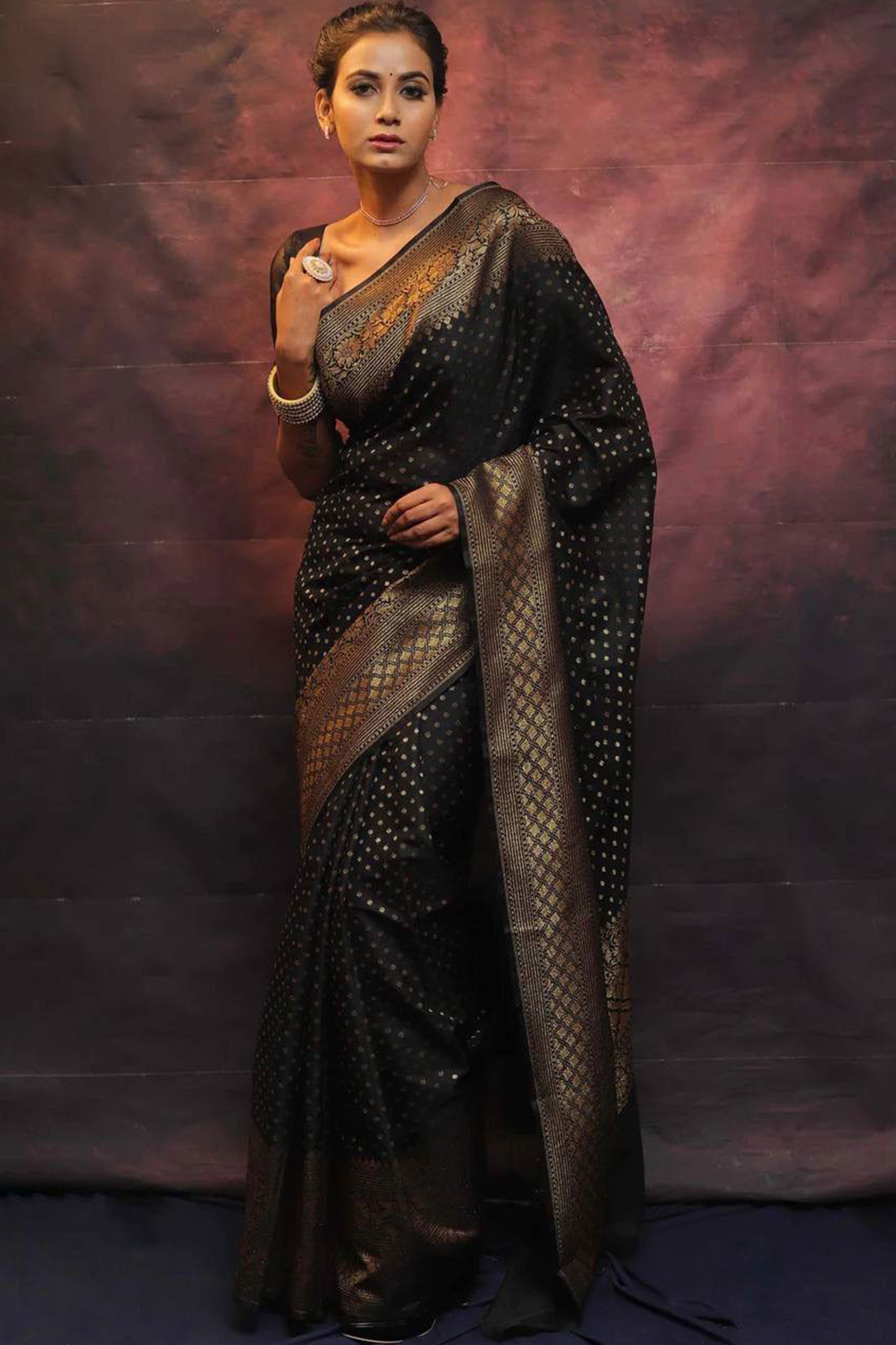 Black Floral Woven Lichi Banarasi Silk Saree