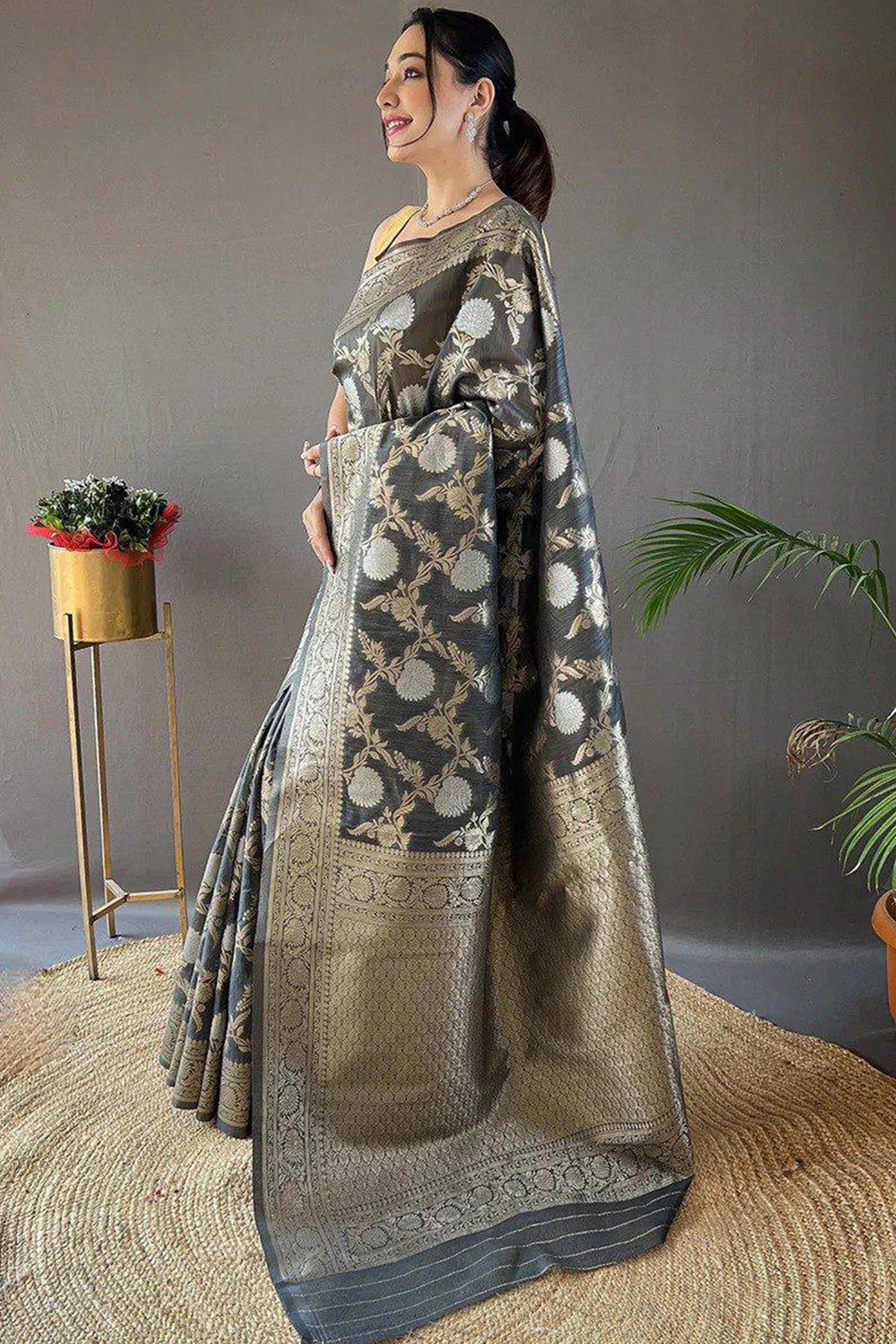 Grey Floral Woven Cotton Silk Saree