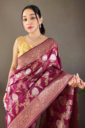 Wine Floral Woven Cotton Silk Saree