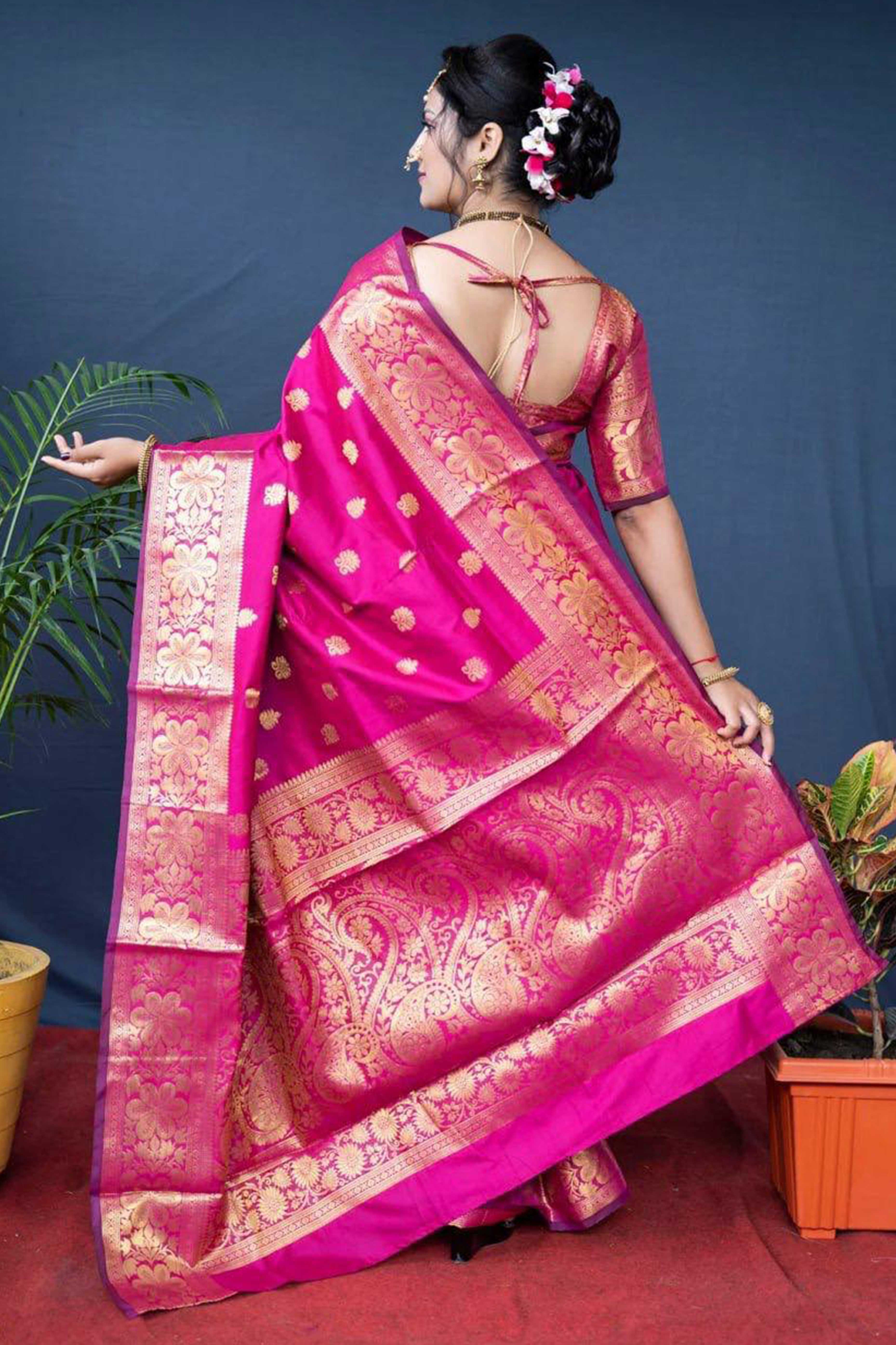 Pink Banarasi Silk Saree With Intricate Zari Butti Weaving