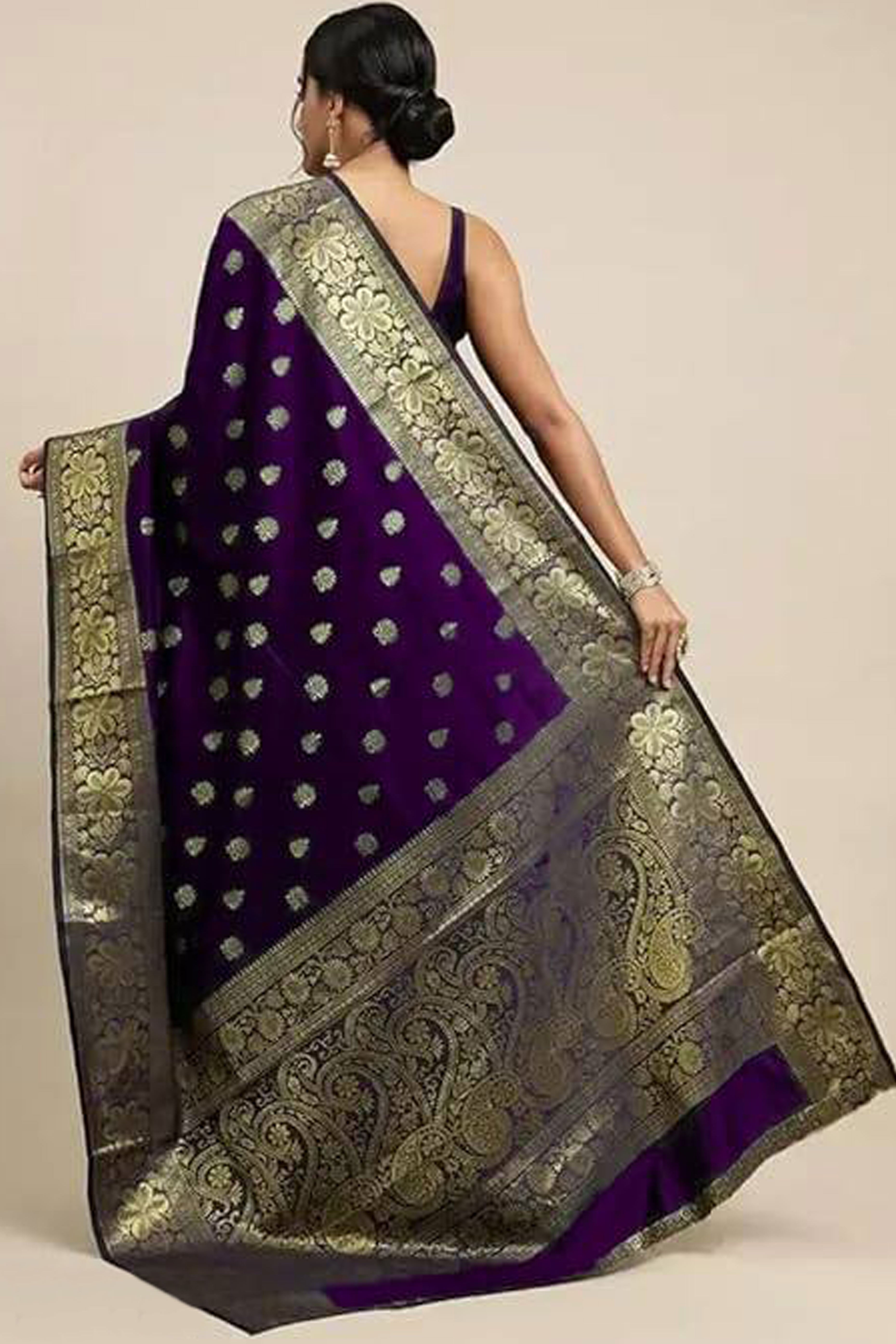 Purple Banarasi Silk Saree With Intricate Zari Butti Weaving