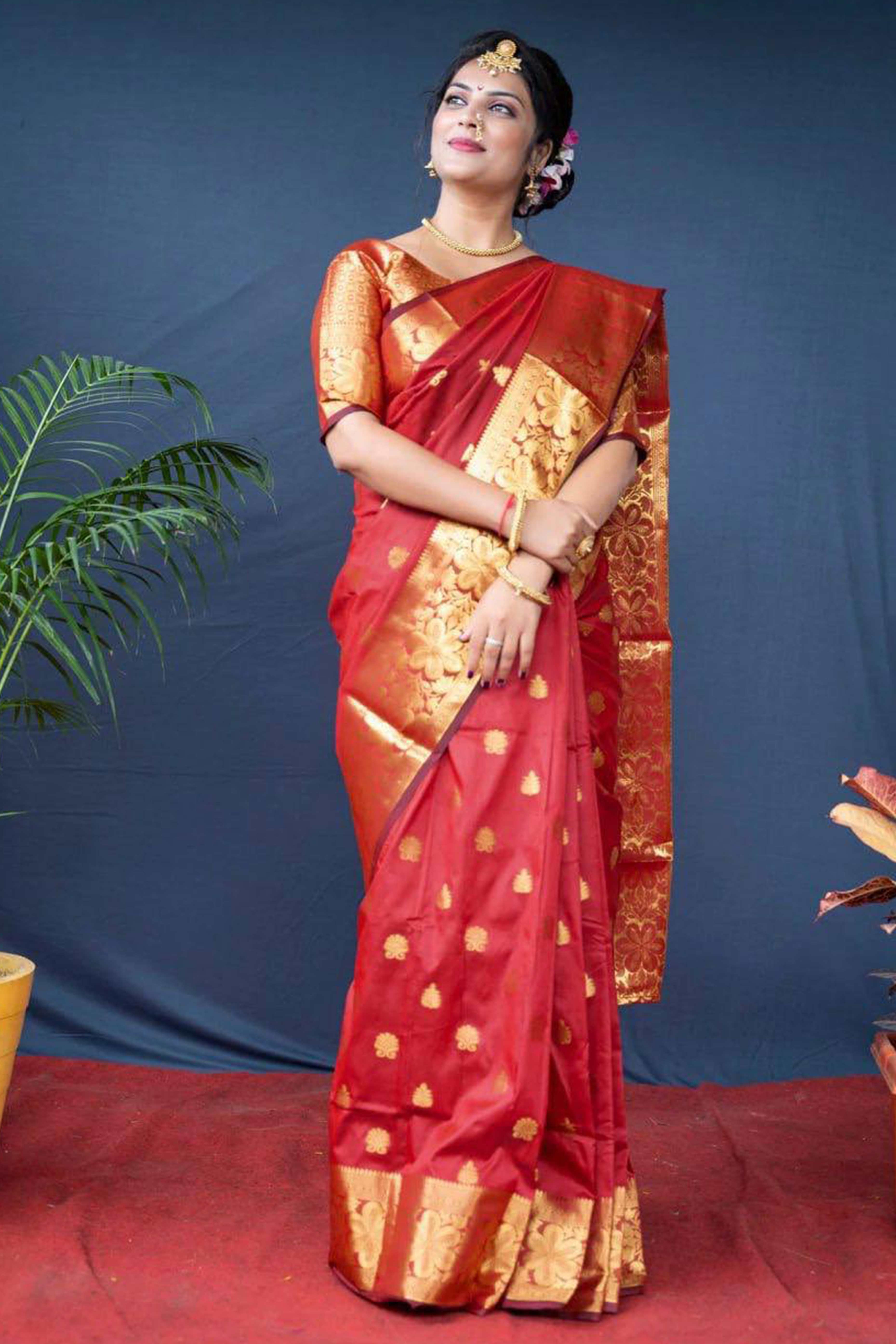 Red Banarasi Silk Saree With Intricate Zari Butti Weaving
