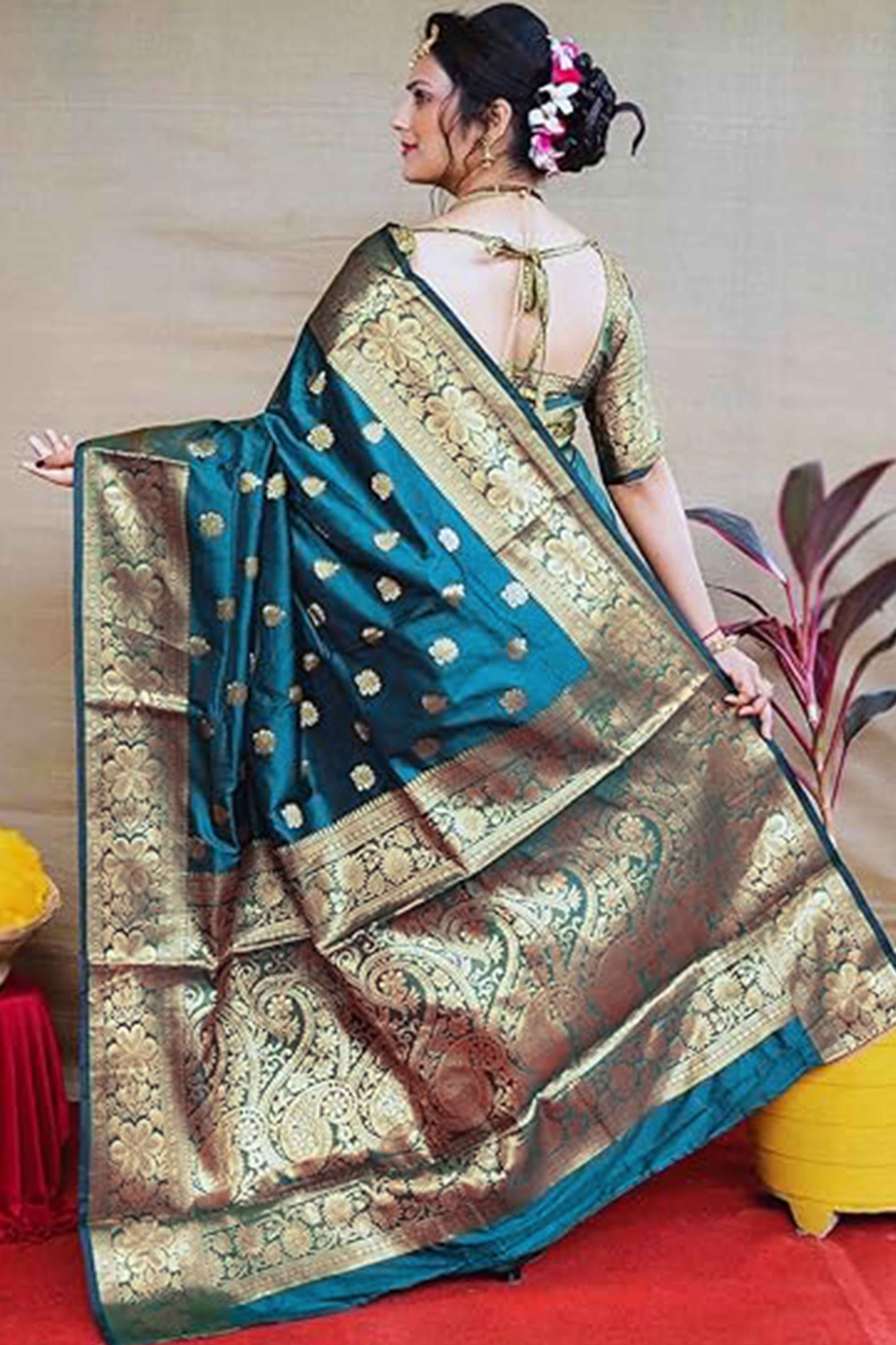 Teal Banarasi Silk Saree With Intricate Zari Butti Weaving