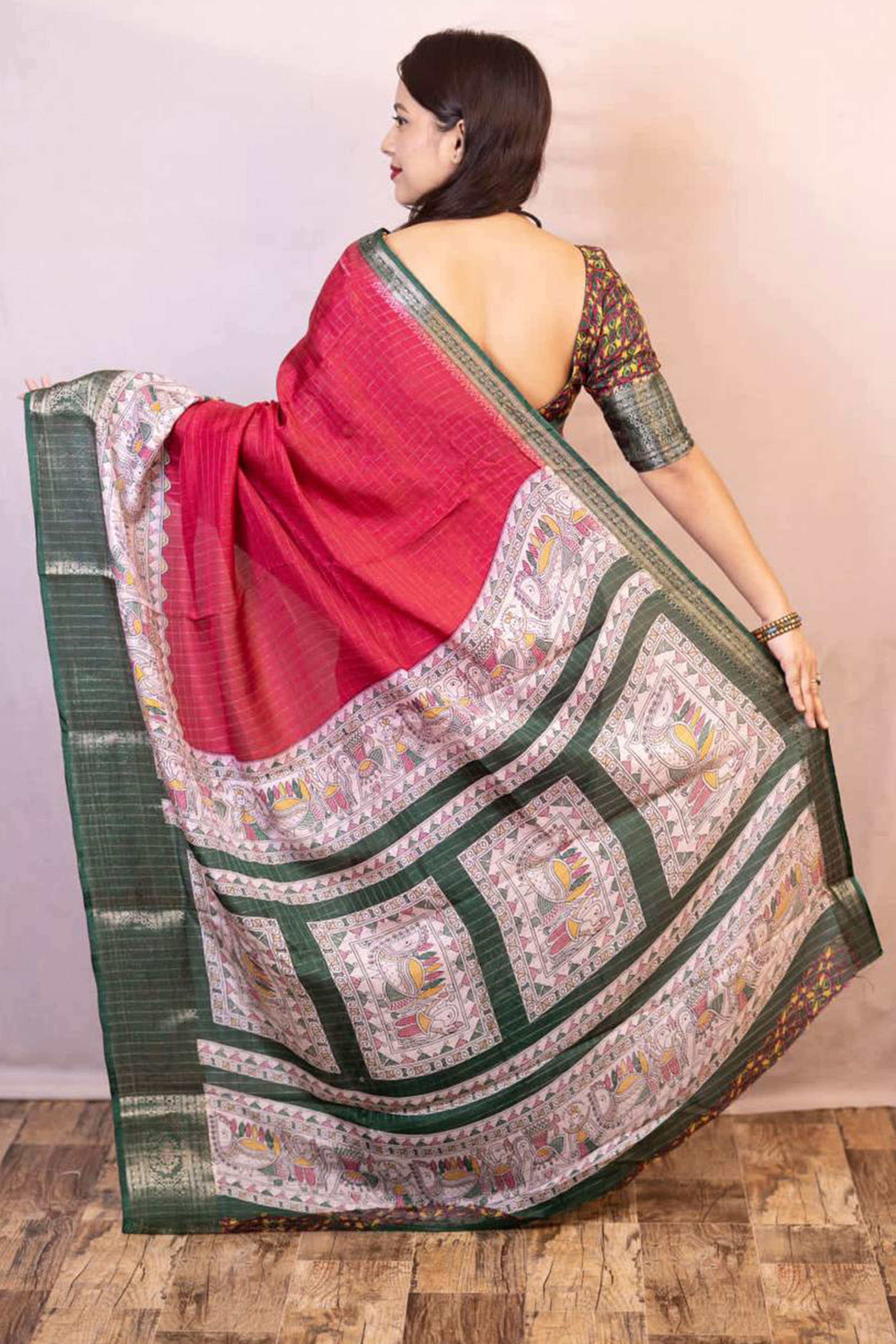 Pink Printed With Zari Checks Dola Silk Saree
