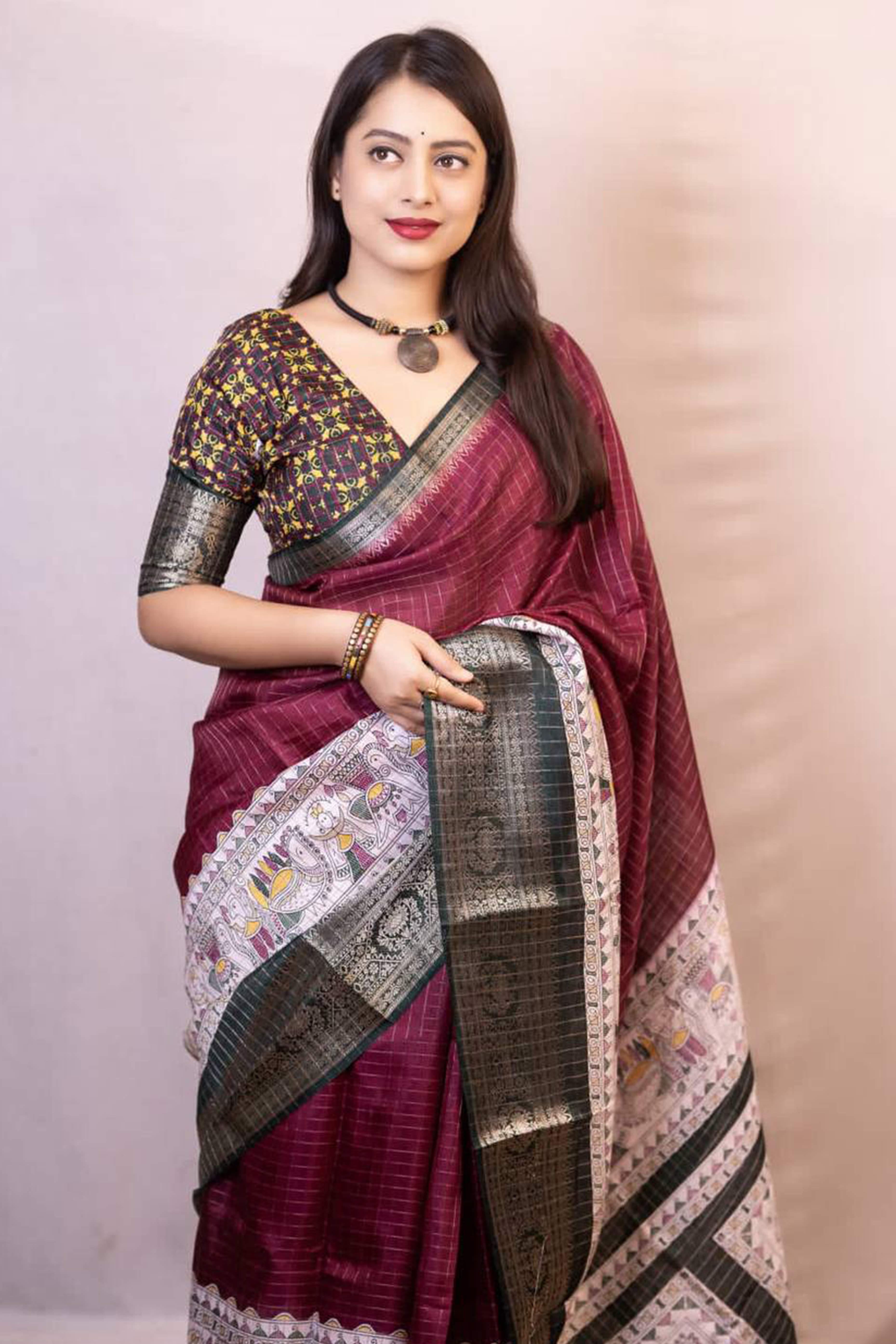 Wine Printed With Zari Checks Dola Silk Saree