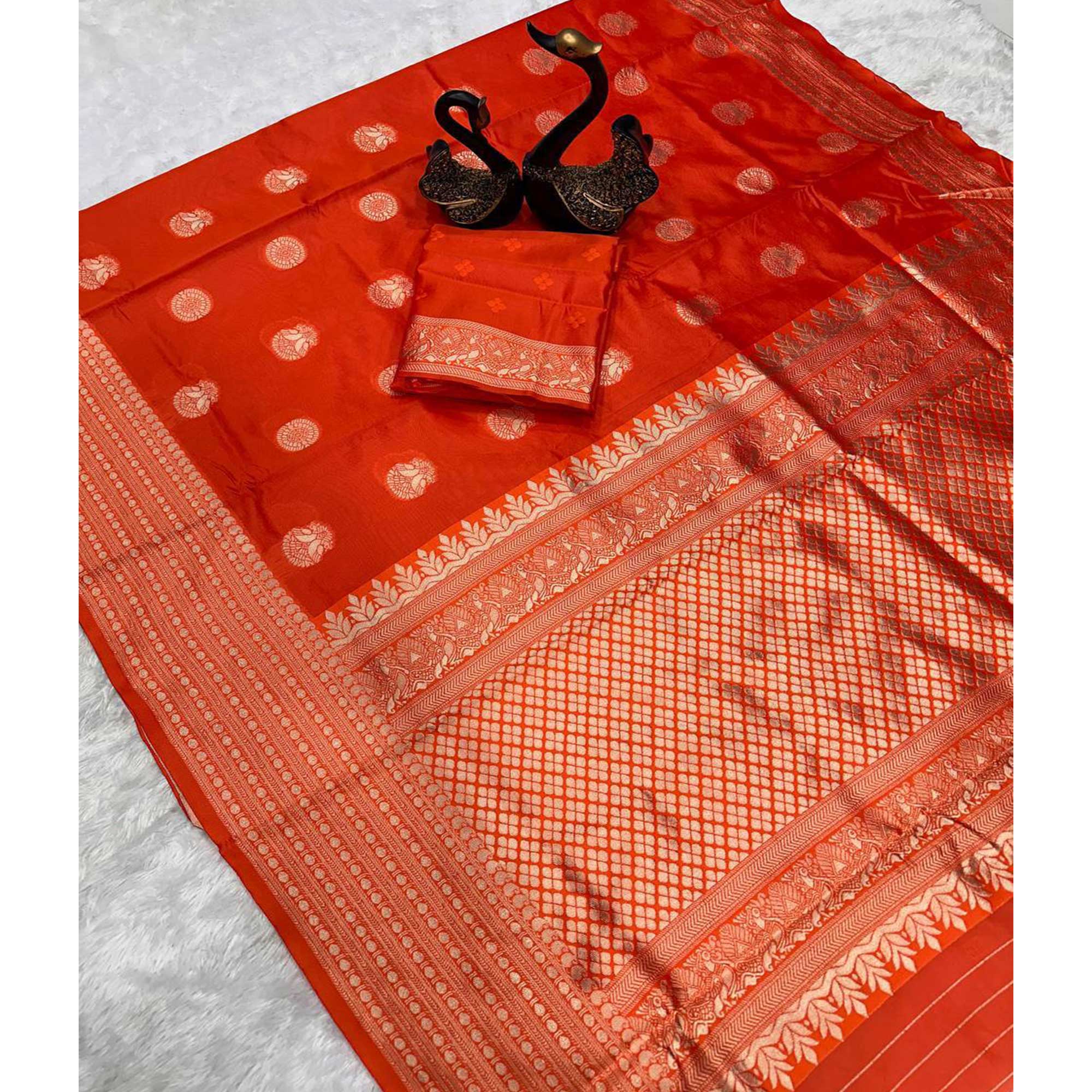 Orange Floral Woven Lichi Banarasi Silk Saree