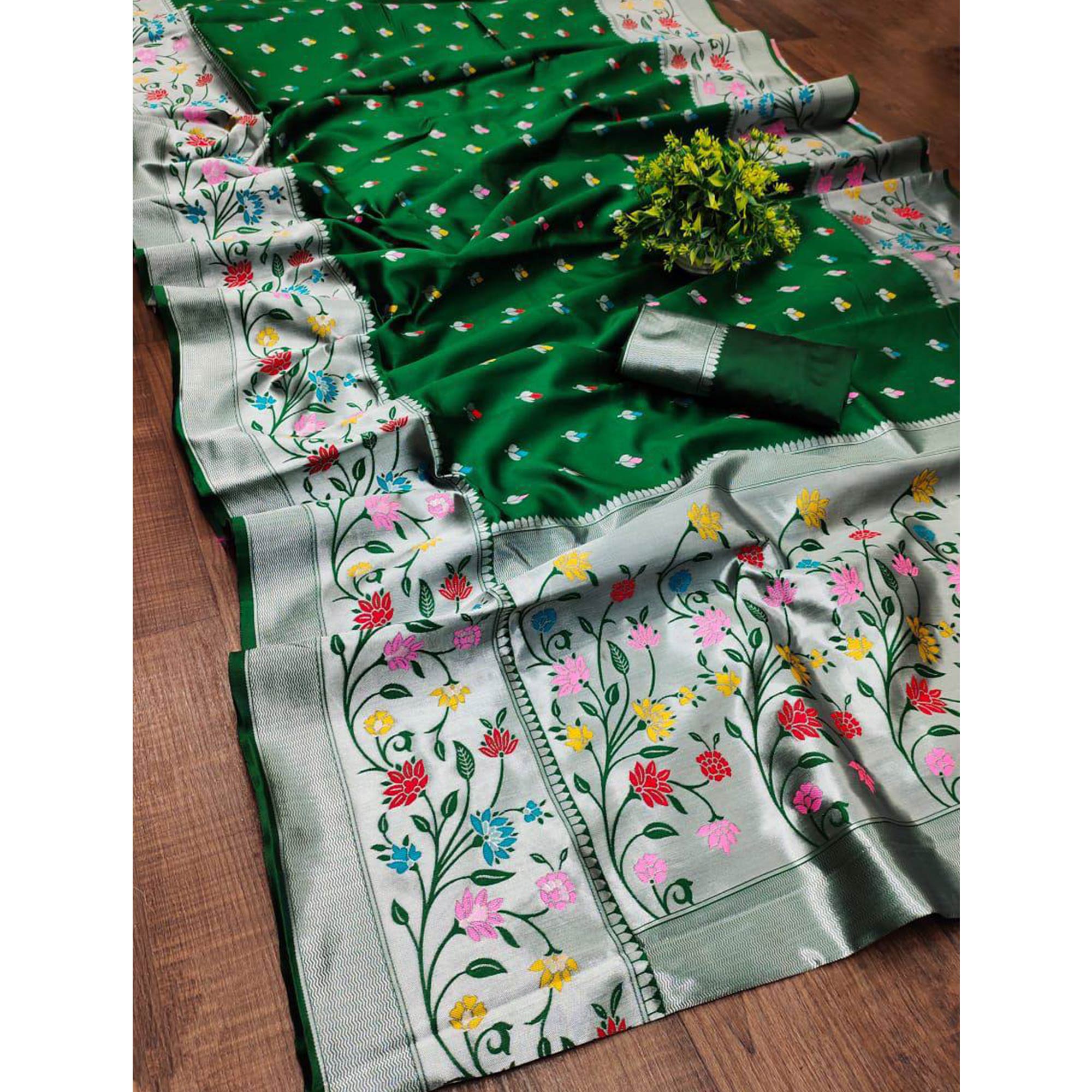 Festive Banarasi Silk Paithani Saree in Green Enhanced with Zari Weaving