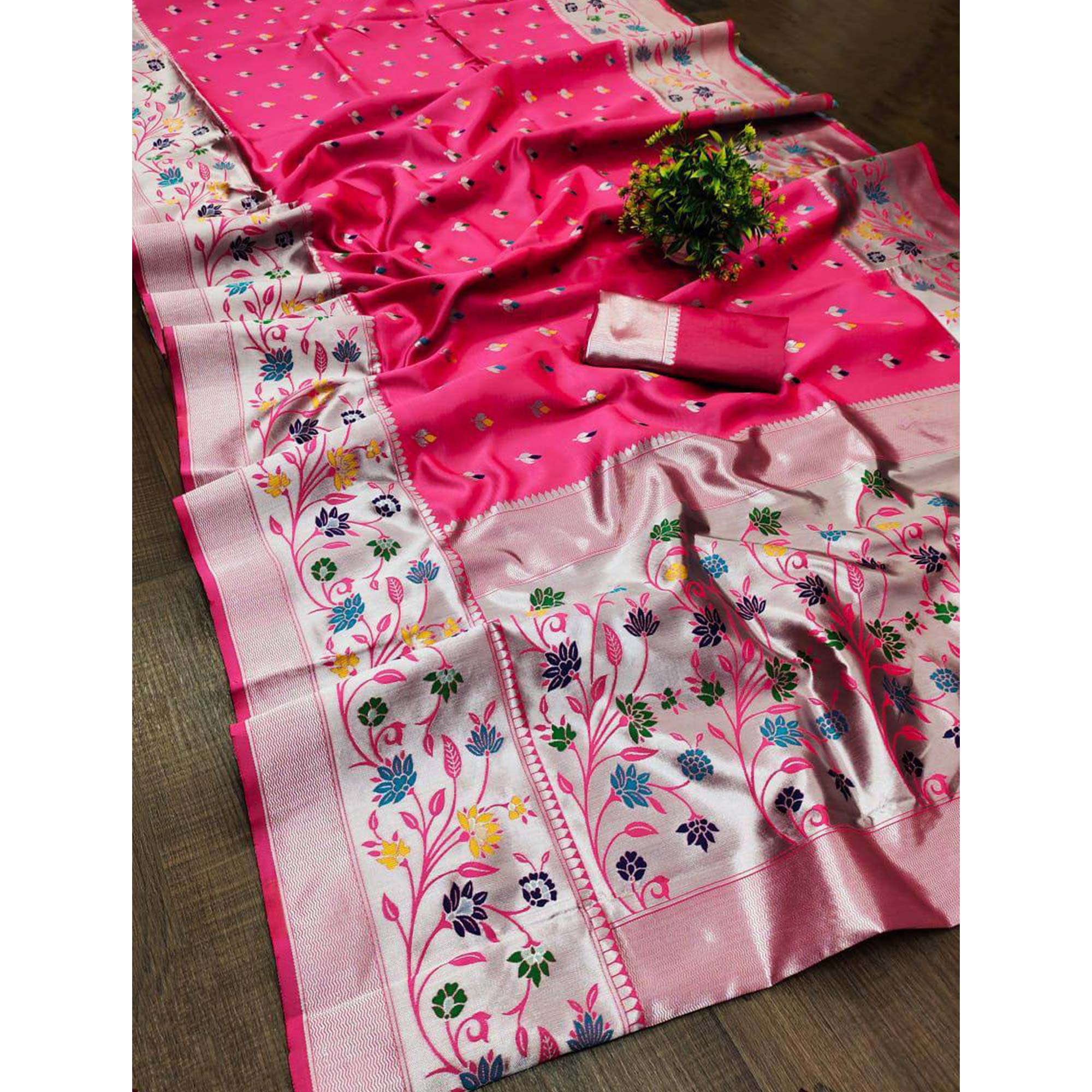 Festive Banarasi Silk Paithani Saree in Magenta Enhanced with Zari Weaving