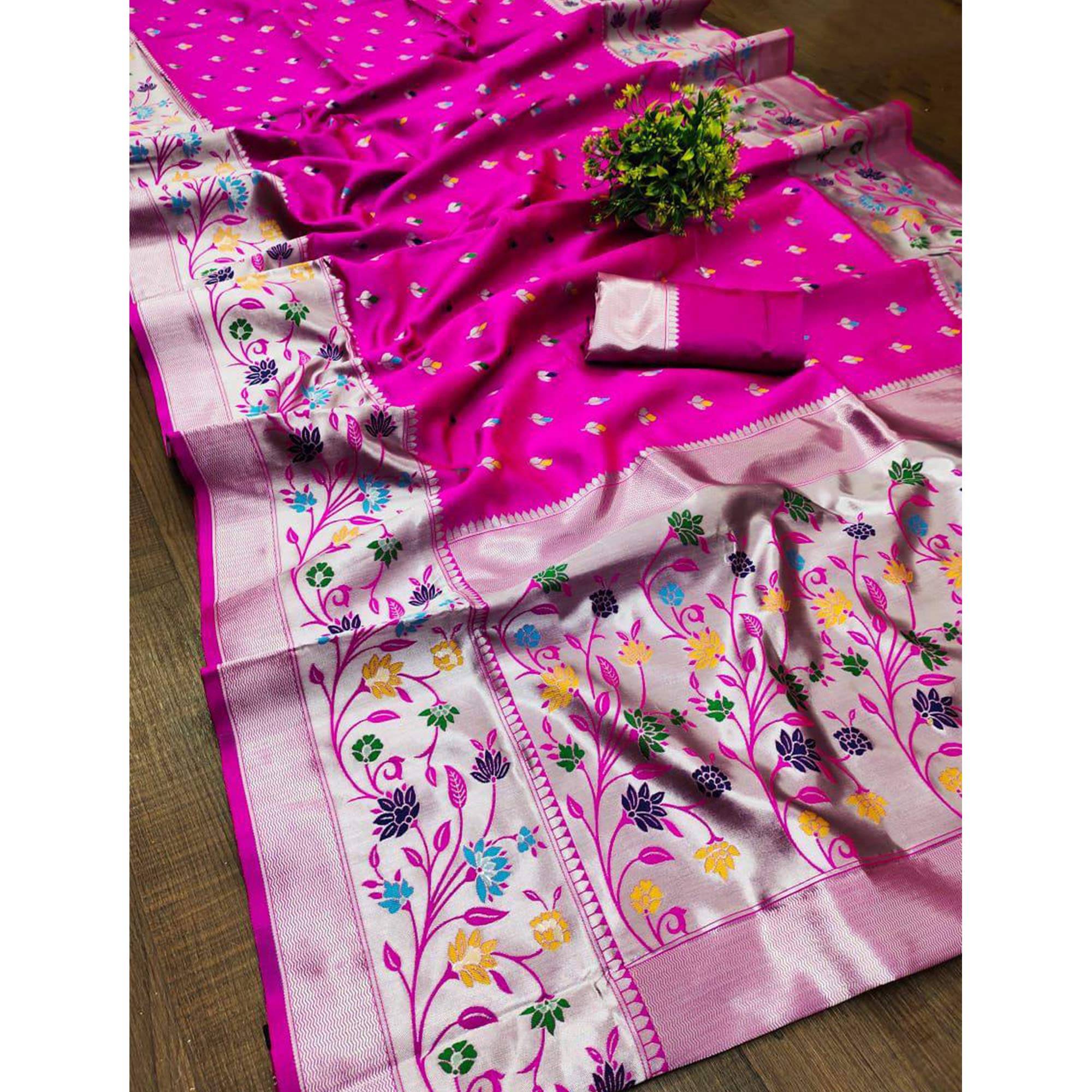 Festive Banarasi Silk Paithani Saree in Rani Pink Enhanced with Zari Weaving