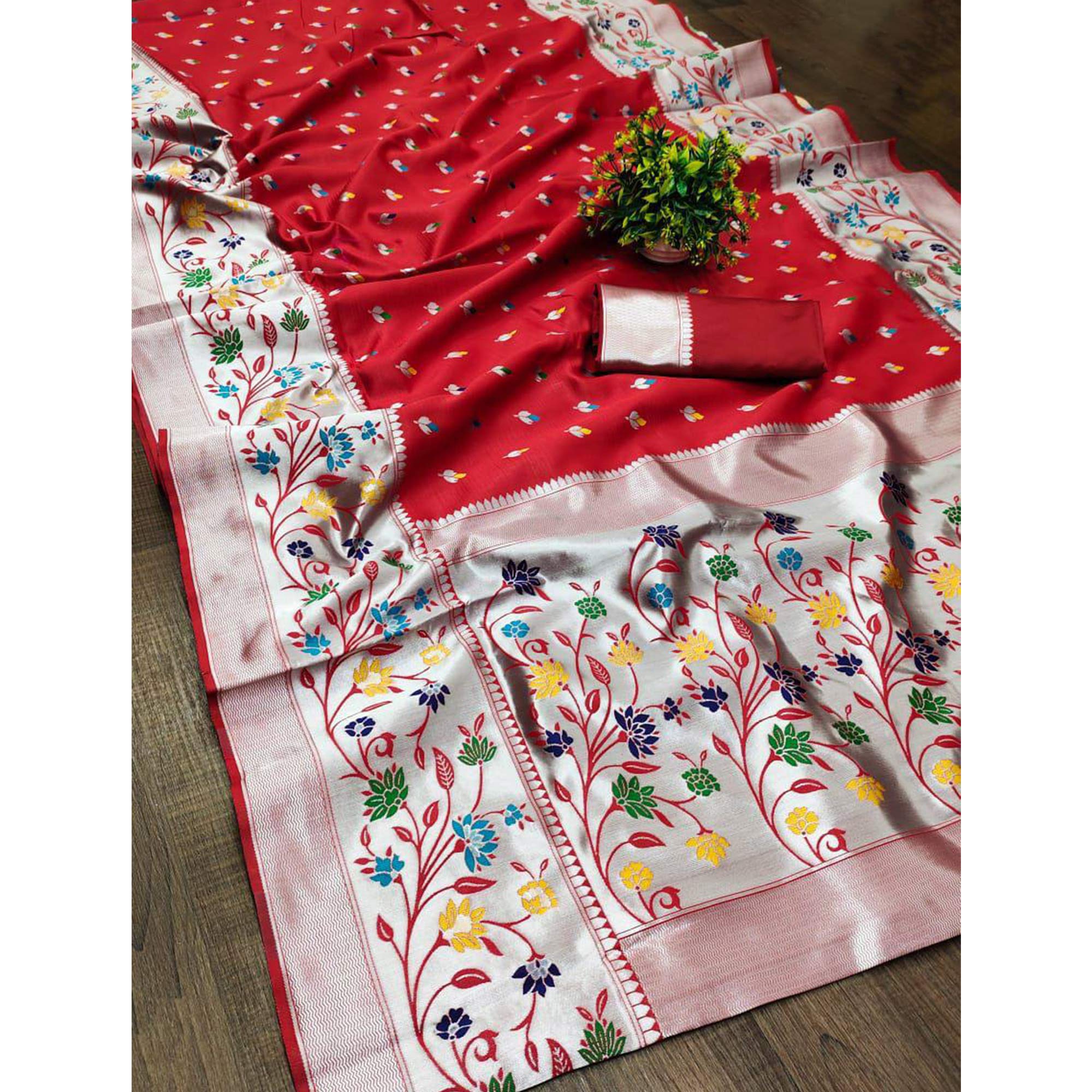 Festive Banarasi Silk Paithani Saree in Red Enhanced with Zari Weaving