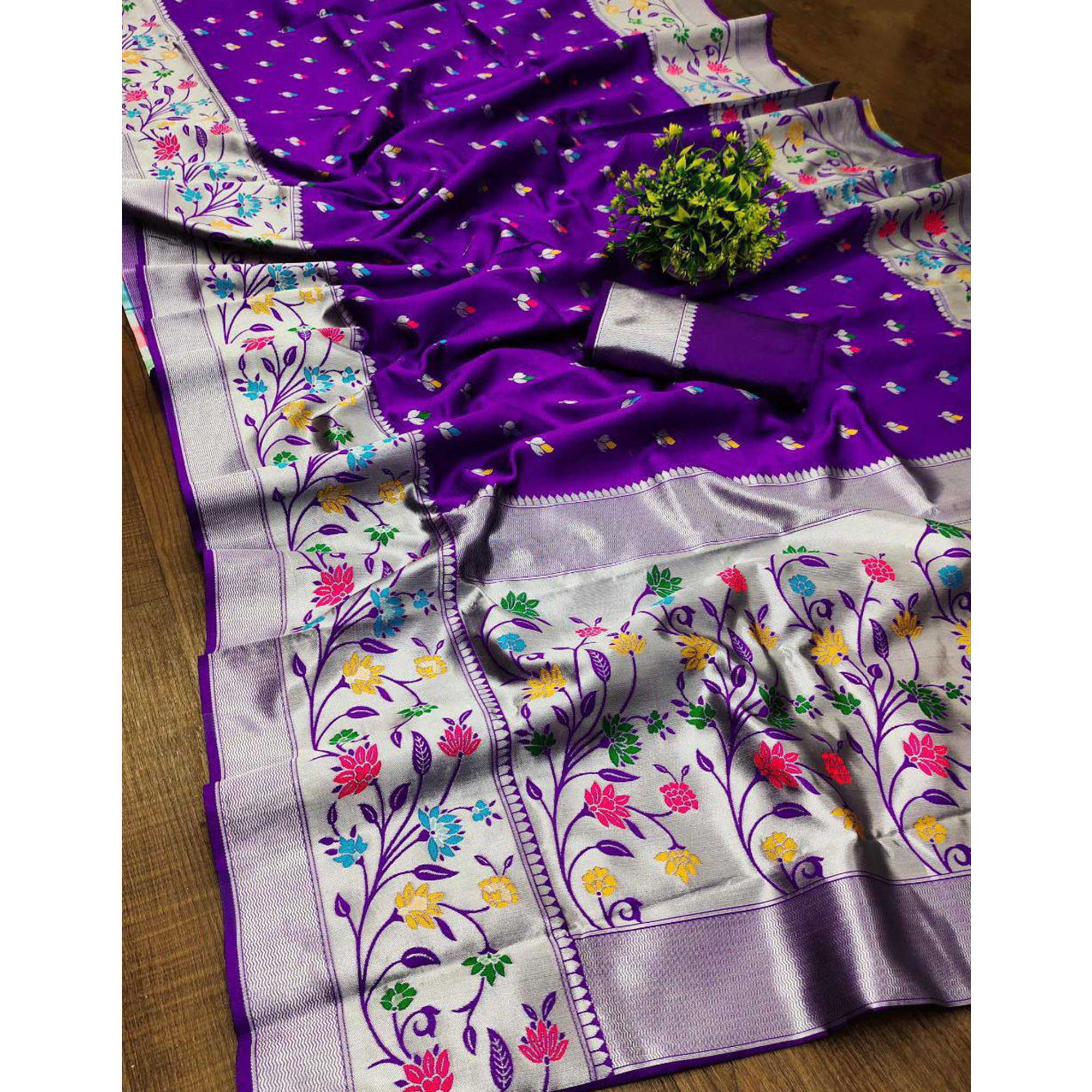 Festive Banarasi Silk Paithani Saree in Violet Enhanced with Zari Weaving