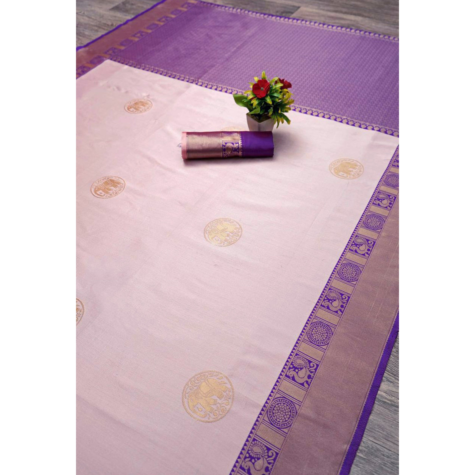 Peach Woven Lichi Banarasi Silk Saree