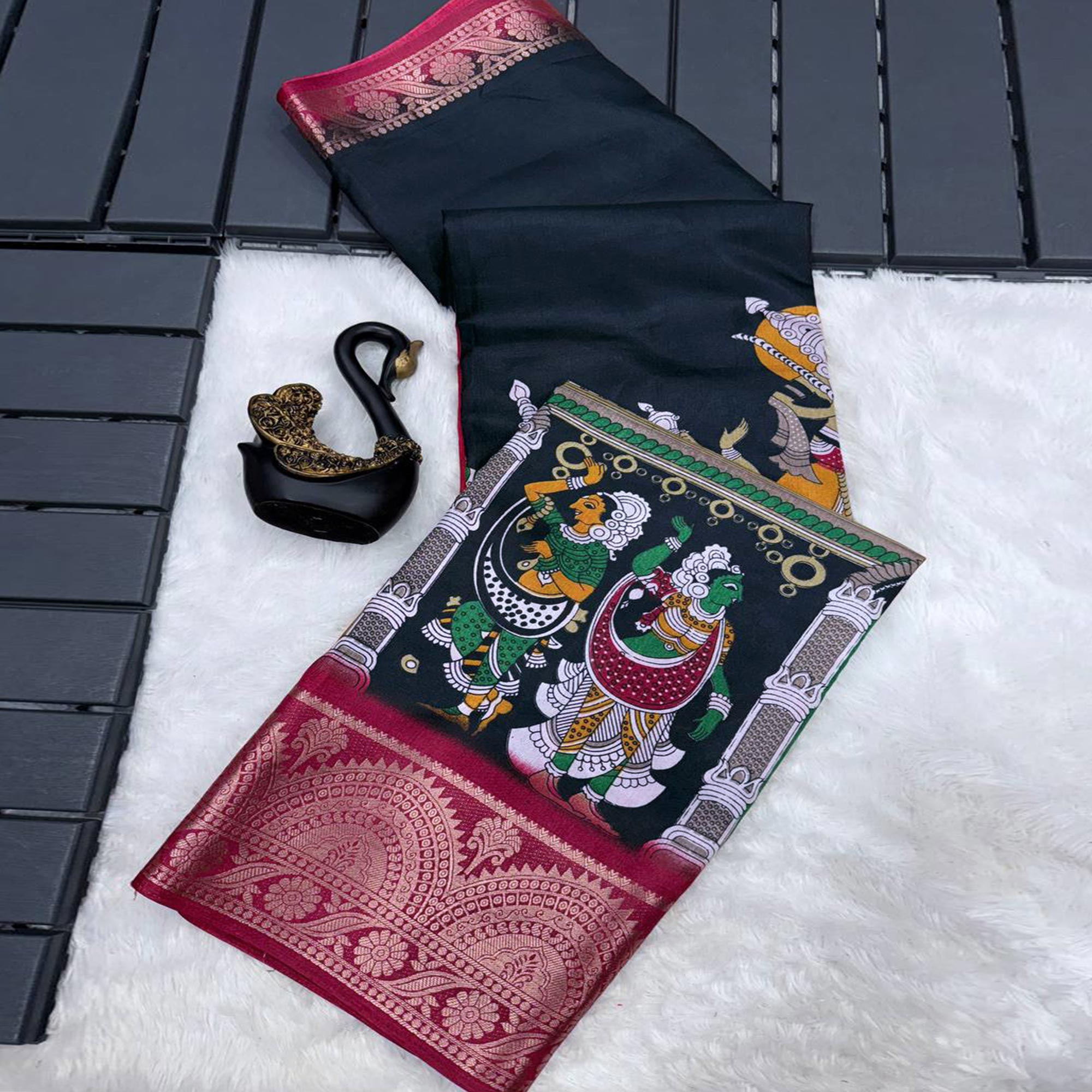 Black Mangalagiri Patterned Dola Silk Saree Accentuated with Gleaming Zari Borders