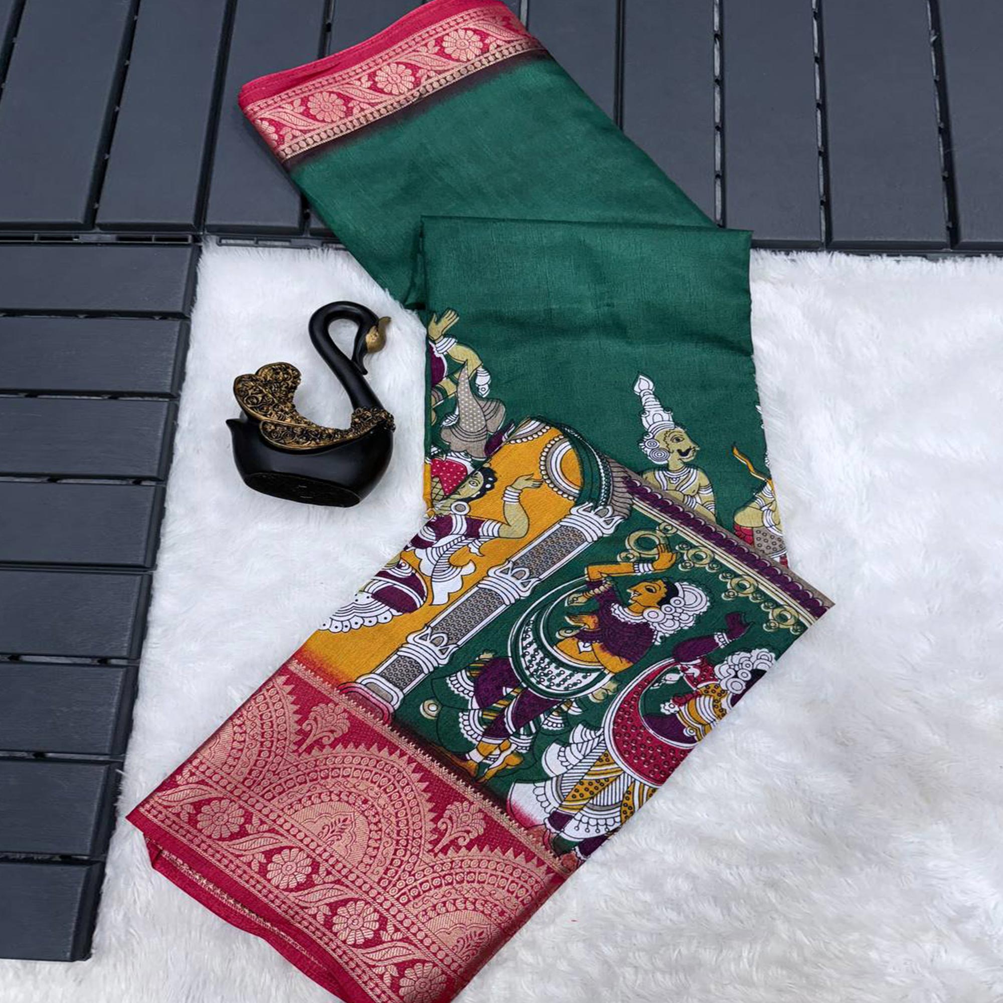 Green Mangalagiri Patterned Dola Silk Saree Accentuated with Gleaming Zari Borders